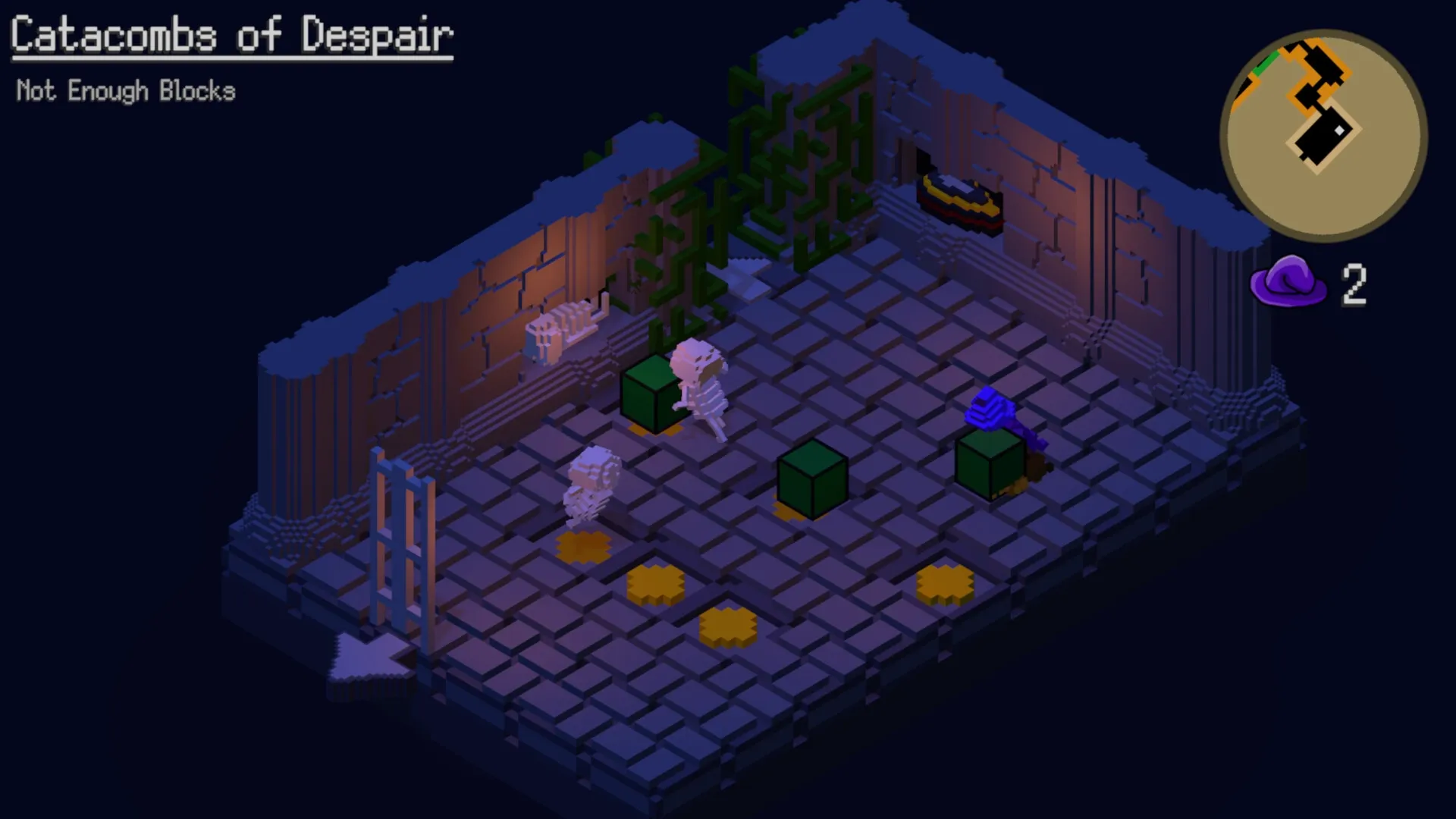 OOLO: Player encounters skeletons and obstacles in the Catacombs of Despair with map and item count visible.