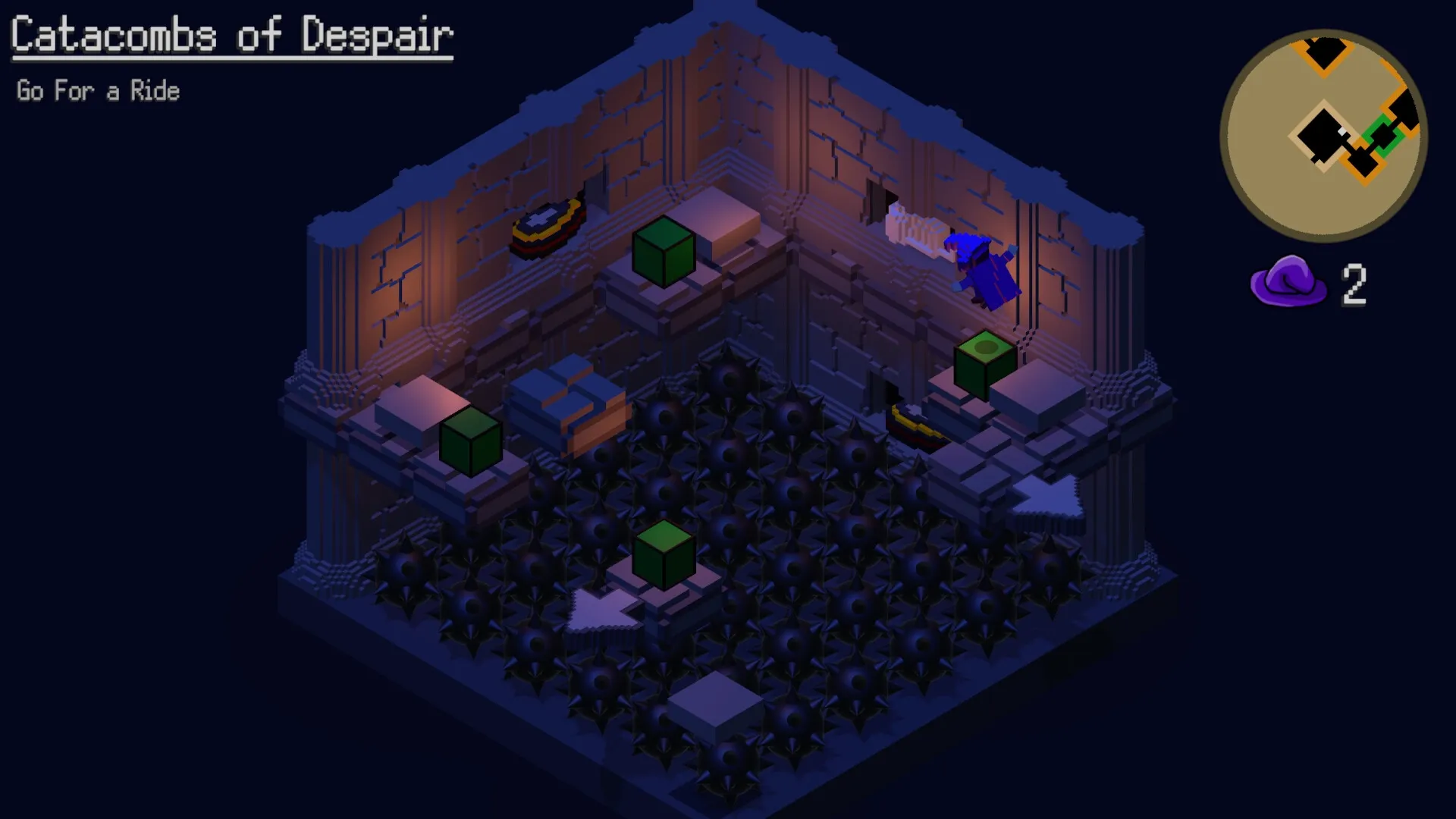 OOLO: Character jumping over spikes in Catacombs of Despair with map and item count displayed