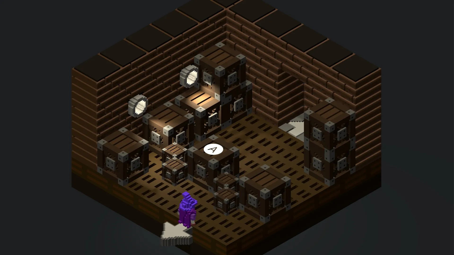 OOLO: Purple character navigates wooden room with crates and a glowing button marked "A"