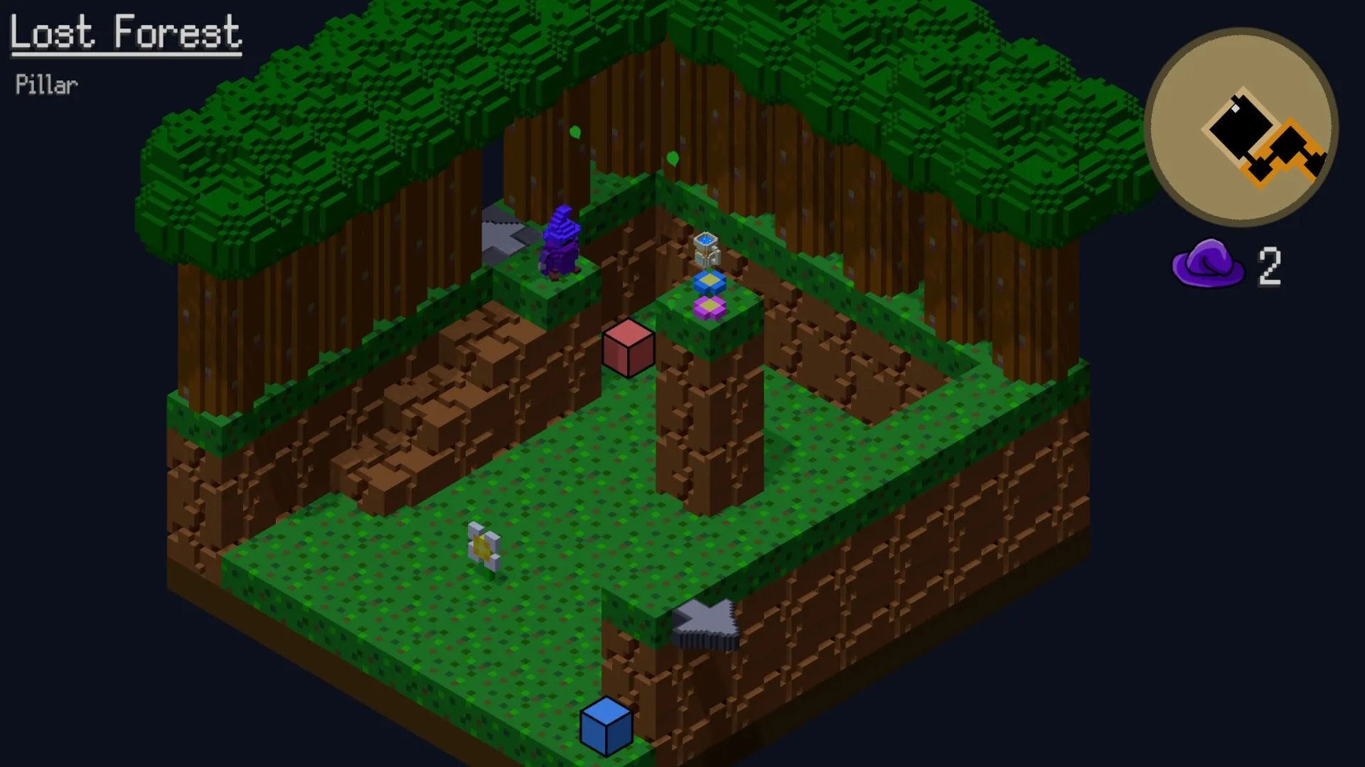 OOLO: Isometric view of Lost Forest with character on a pillar, map, and collected purple hats visible