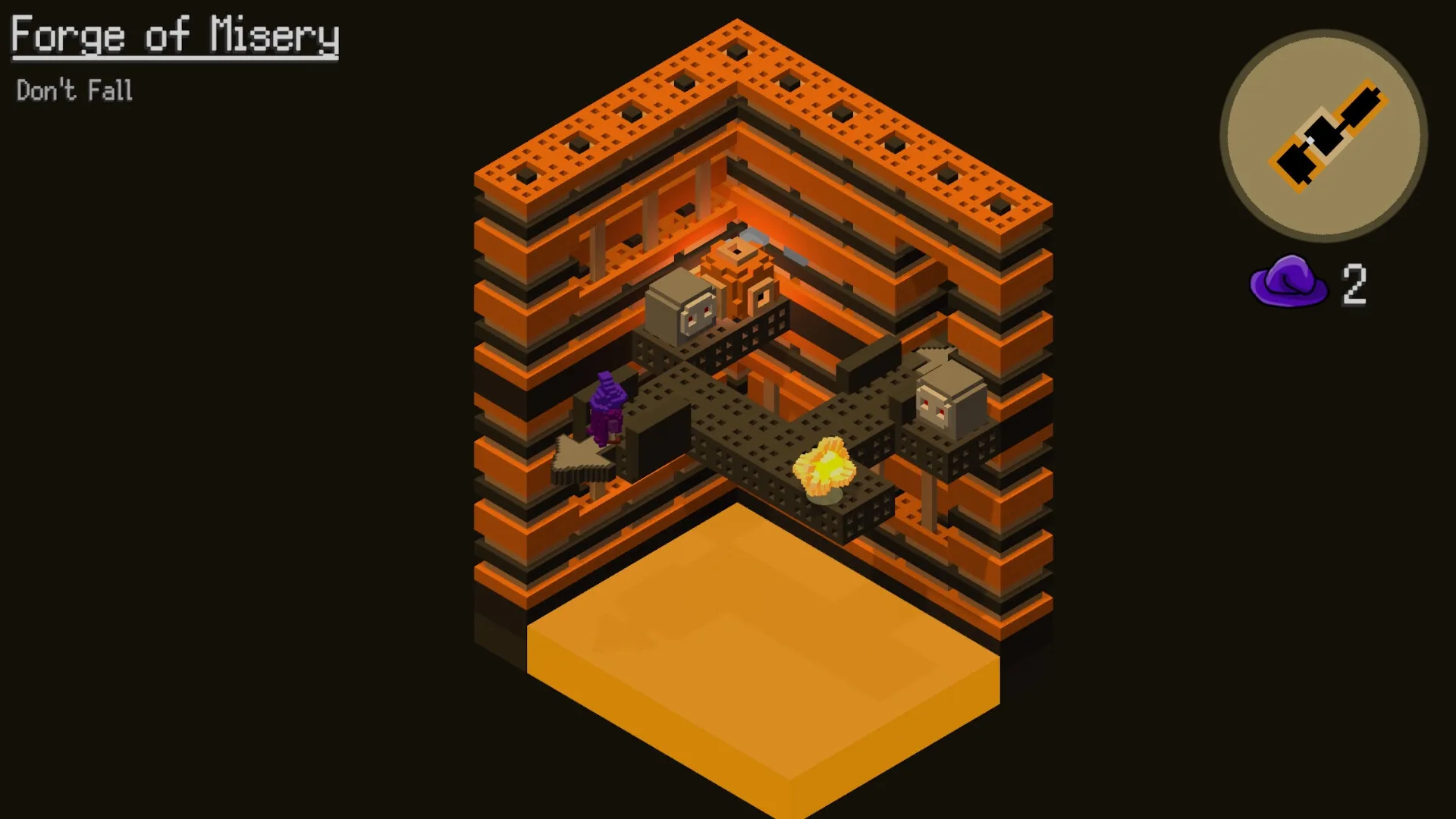 OOLO: Character navigates treacherous platforms in the Forge of Misery while avoiding pitfalls and enemies.