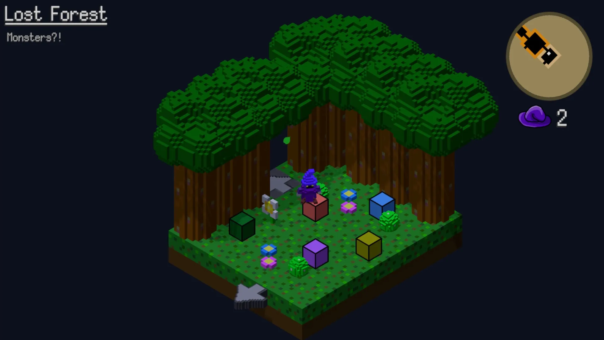 OOLO: Character in purple hat exploring Lost Forest with colorful cubes and mini-map on screen