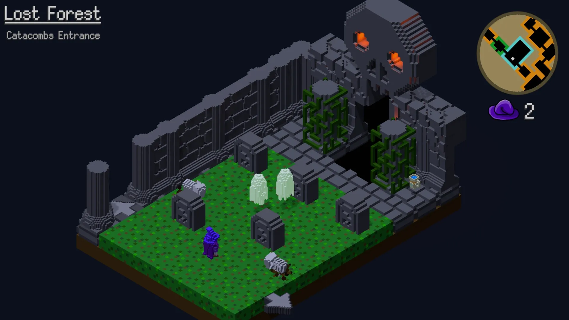 OOLO: Character in purple exploring catacombs entrance with map and hat count displayed on screen
