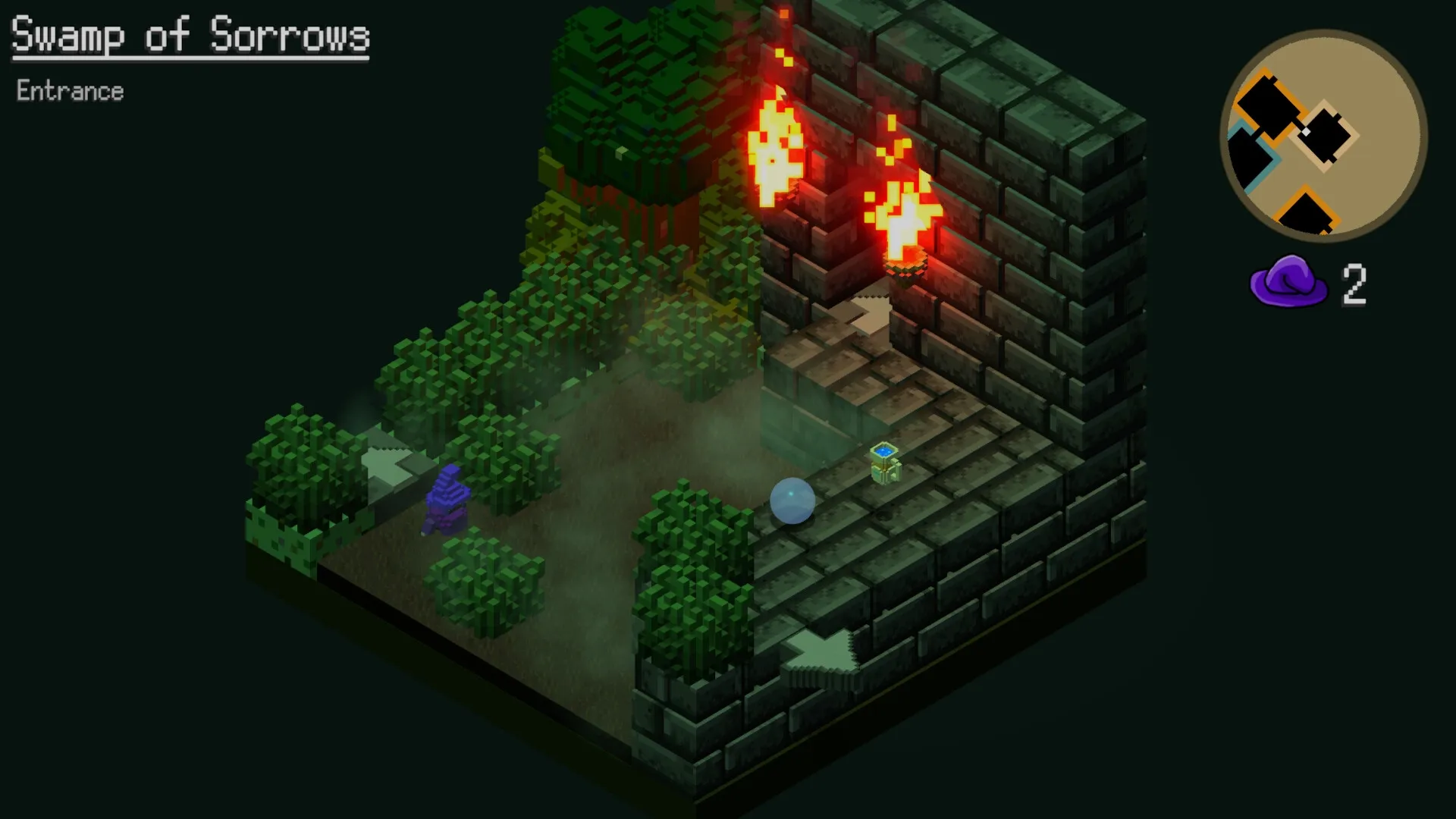 OOLO: Character enters torch-lit stone structure from forest in Swamp of Sorrows with mini-map visible