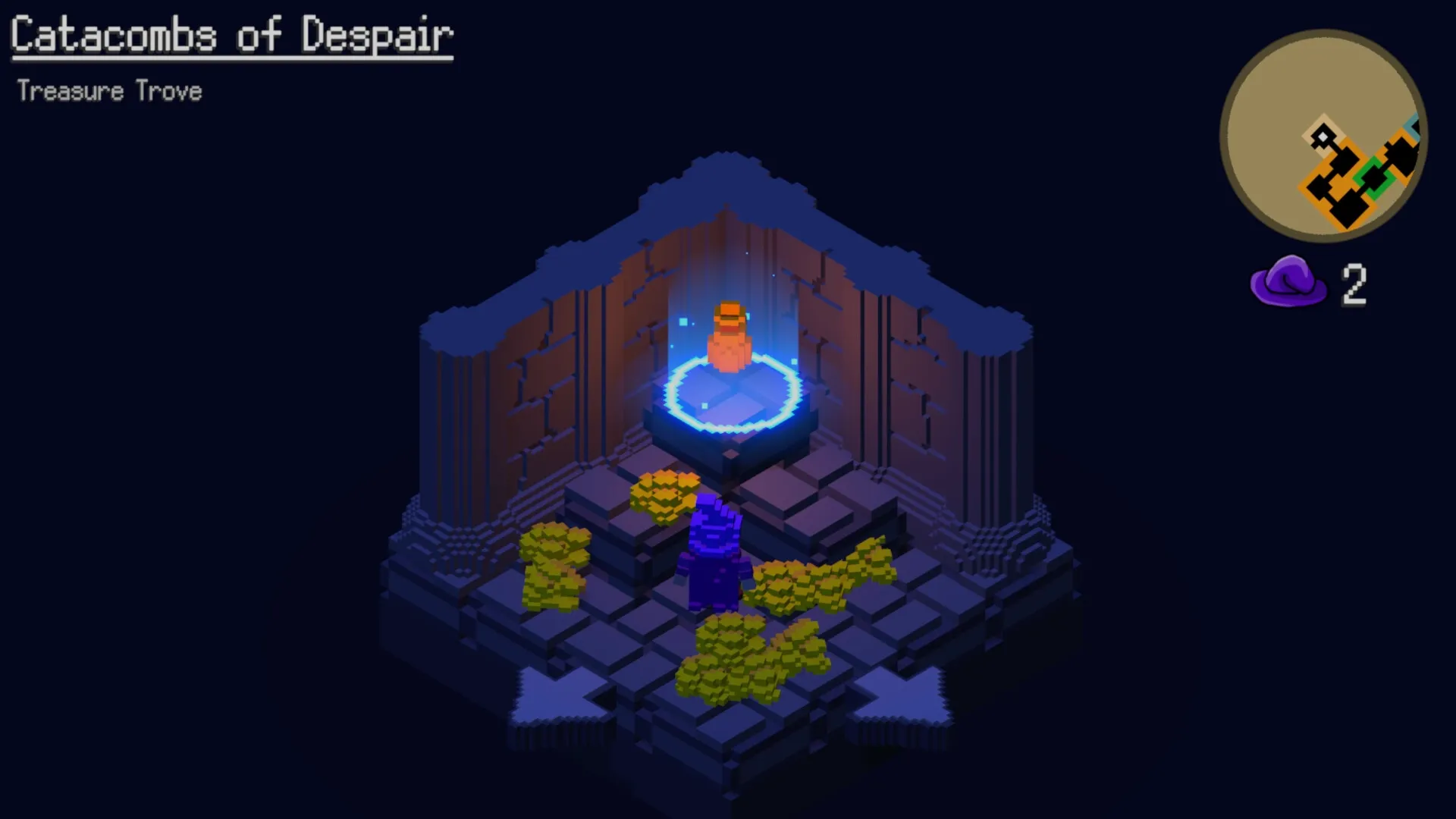 OOLO: Character in purple robe approaches glowing pedestal in Catacombs of Despair dungeon room