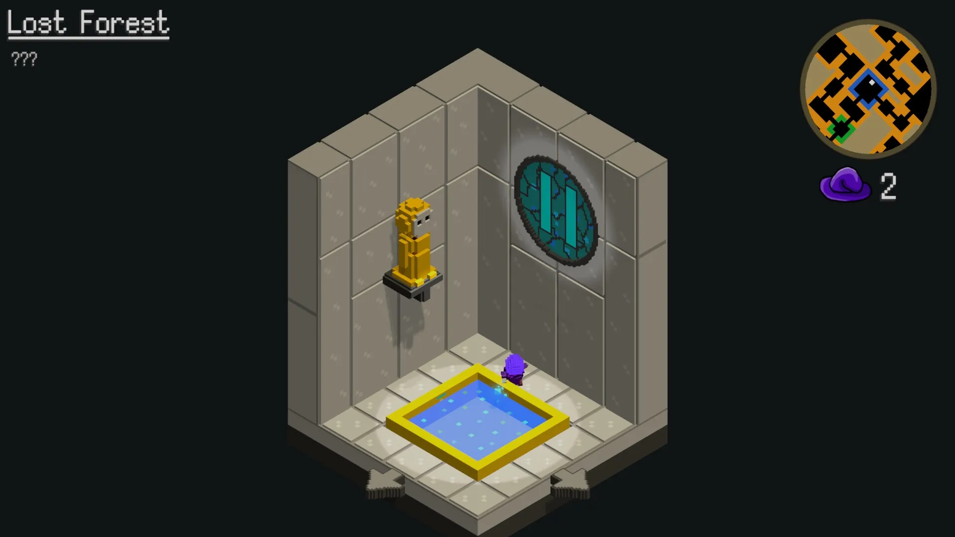OOLO: Character near pool with golden statue and map in Lost Forest room