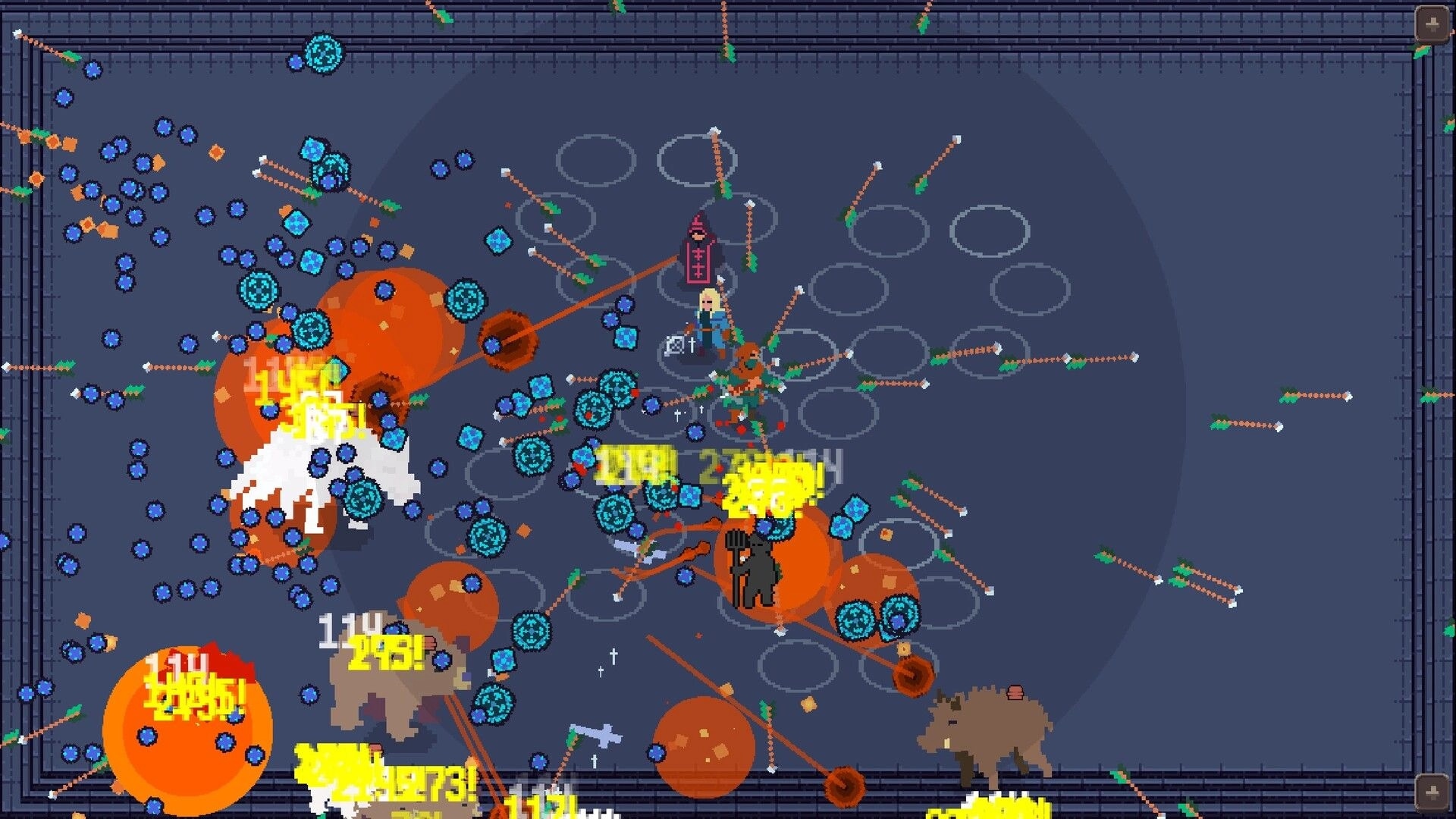 Oonga Boonga: Heroes firing arrows amid explosions and damage numbers in a dark arena grid battlefield.