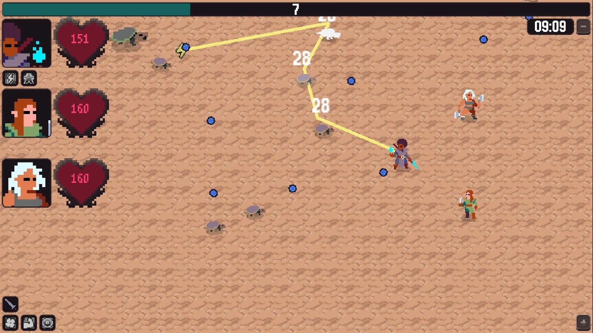 Oonga Boonga: Heroes auto-attack turtles along a yellow path with timer and heart UI on sandy map.