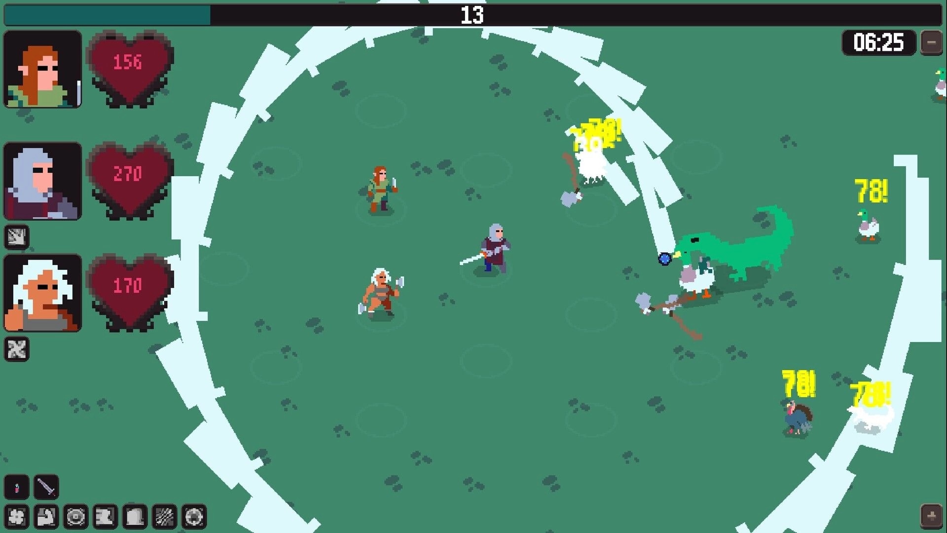 Oonga Boonga: Three heroes fight geese and a green lizard inside a circular arena with HP UI.