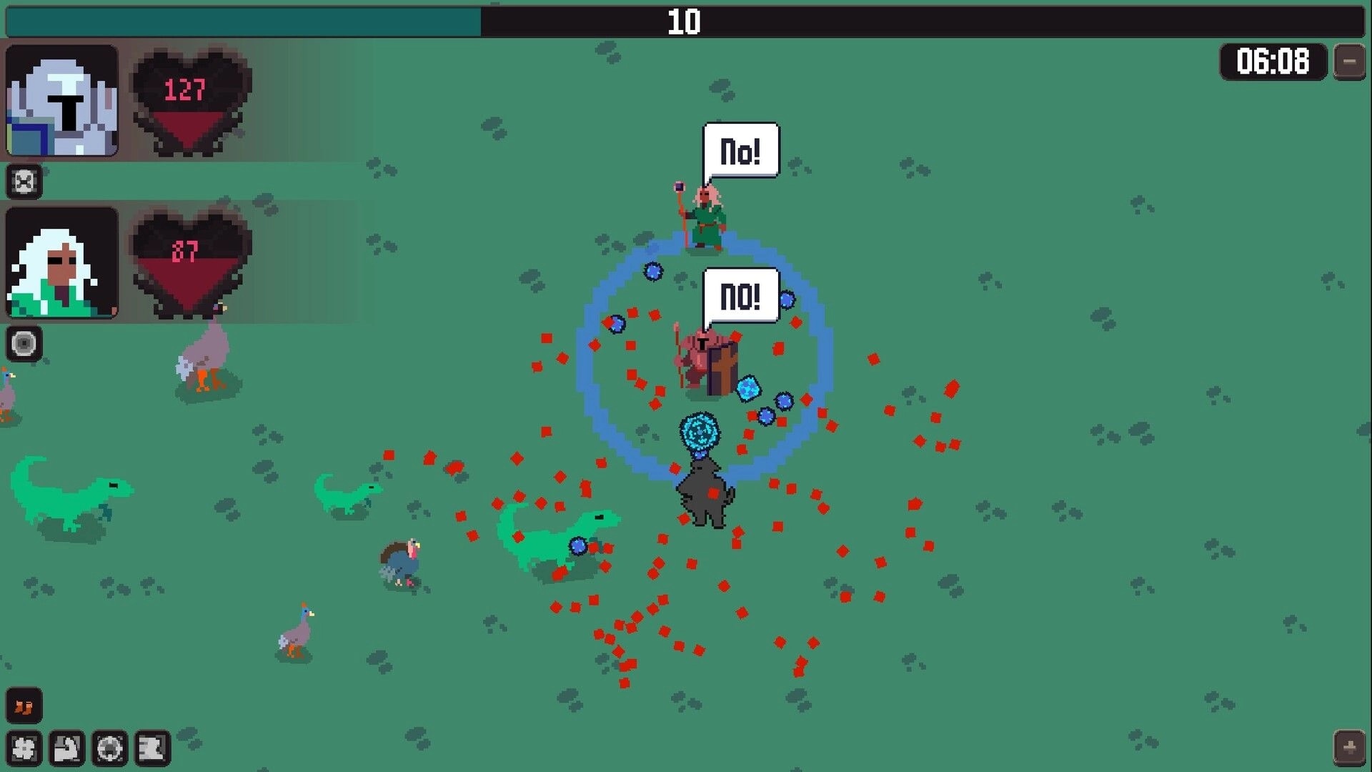 Oonga Boonga: Heroes in blue aura firing projectiles at green dinosaurs on grassy field UI health bar.