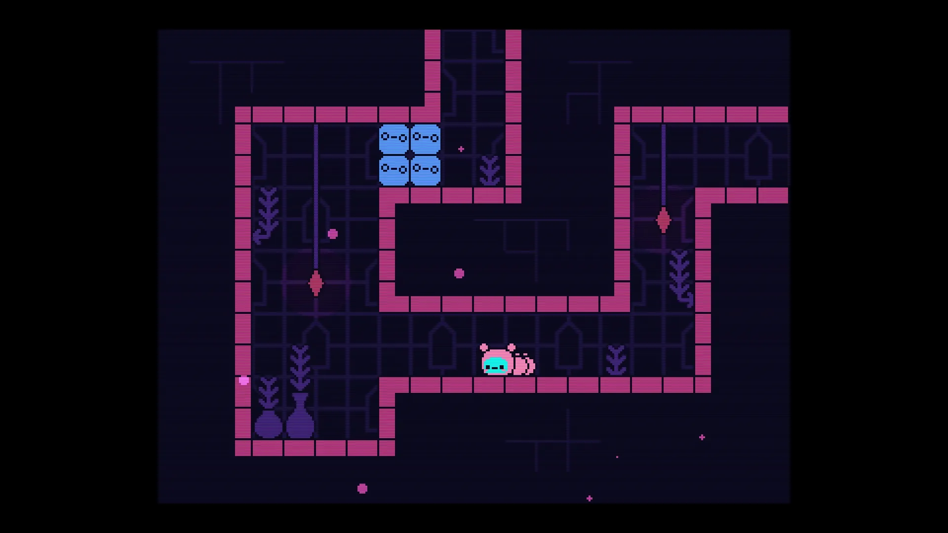 Öoo: Bomb Caterpillar navigating a maze with blue blocks and pink pathways in a dark dungeon setting
