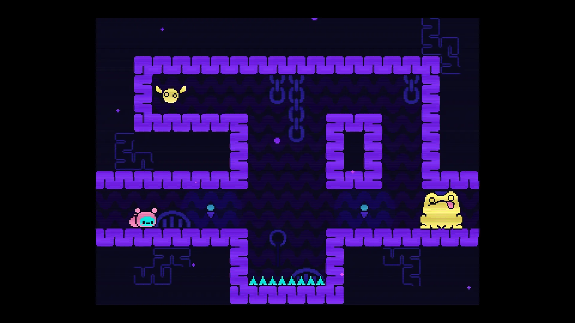 Öoo: Bomb Caterpillar navigates purple maze with spikes and two creatures in dark platformer setting.
