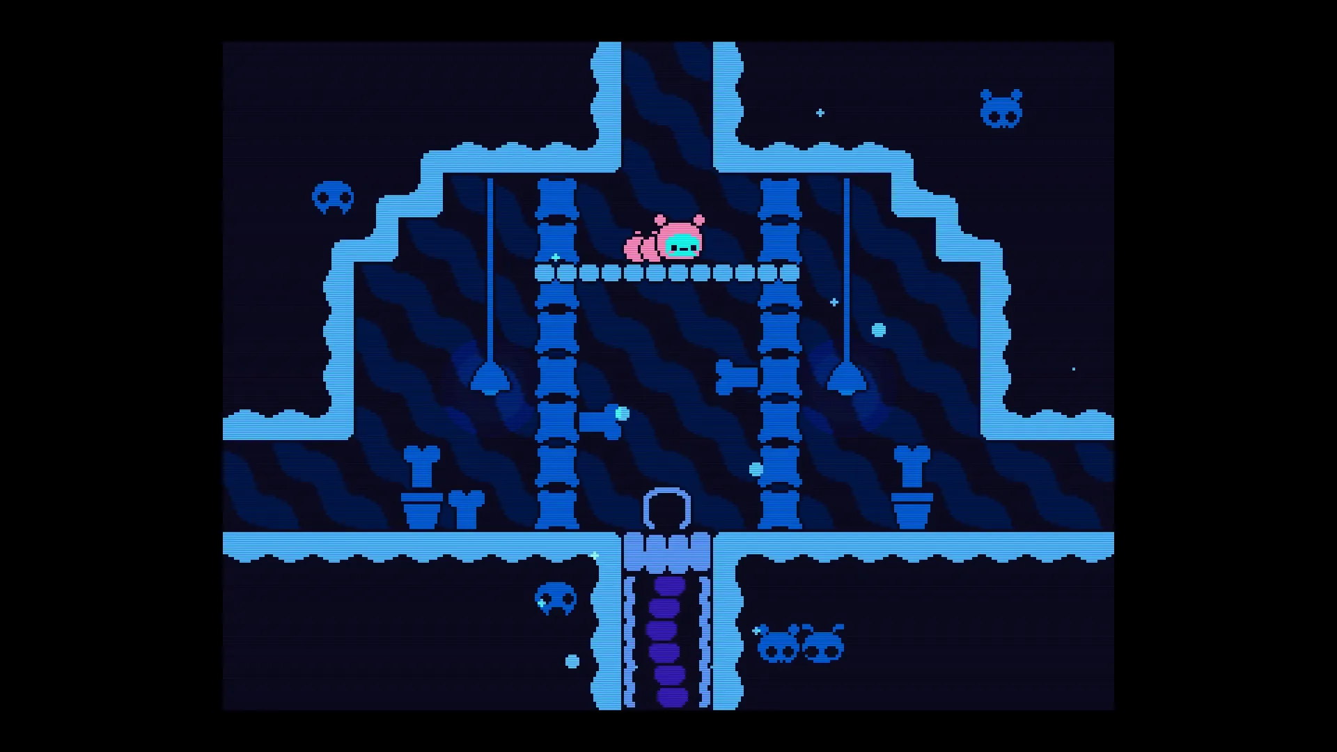 Öoo: Bomb Caterpillar navigates a dark cave with blue platforms and hanging lamps in puzzle platformer.