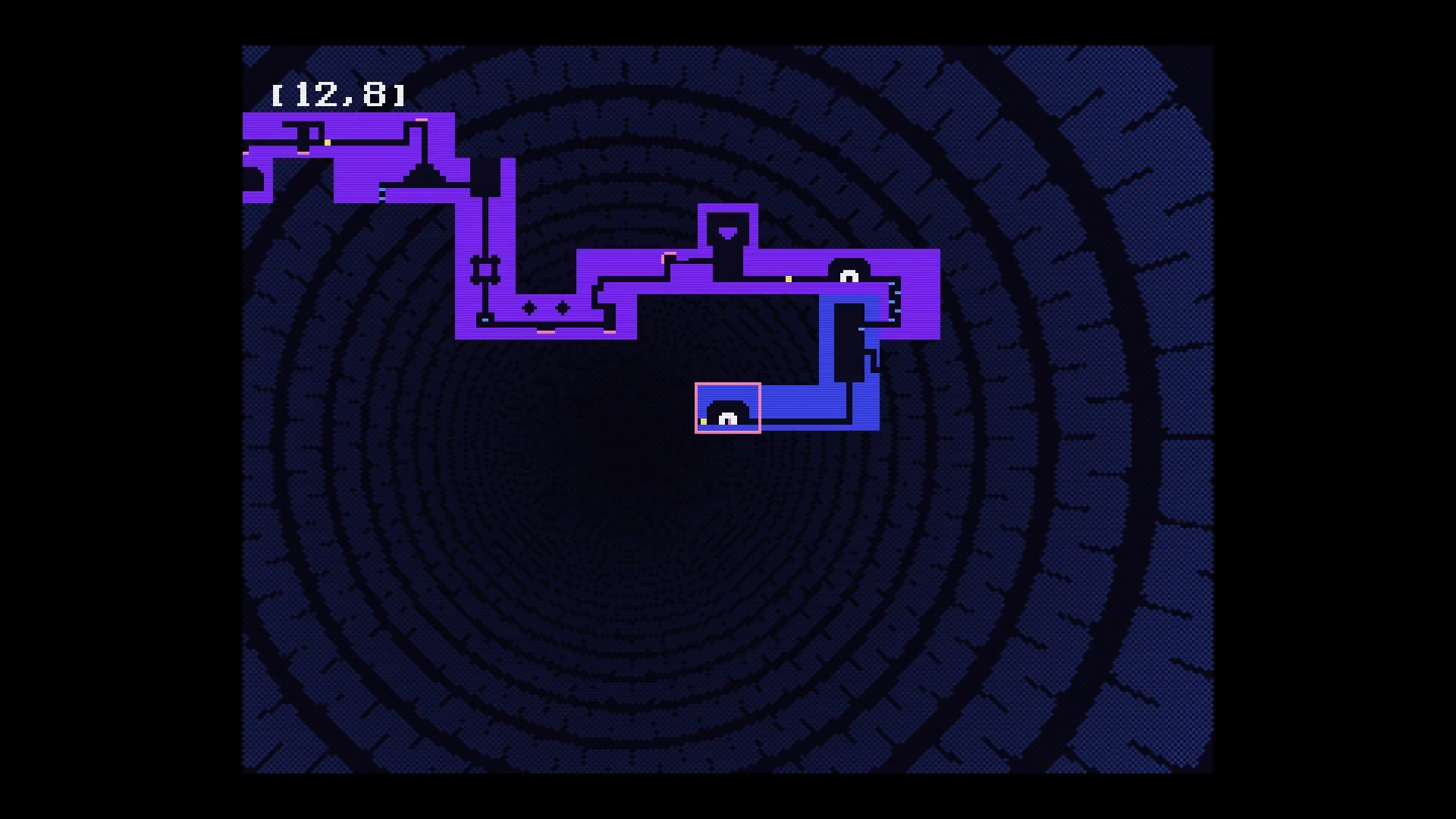 Öoo: Map exploration with Bomb Caterpillar navigating purple maze, coordinates (12, 8) displayed.