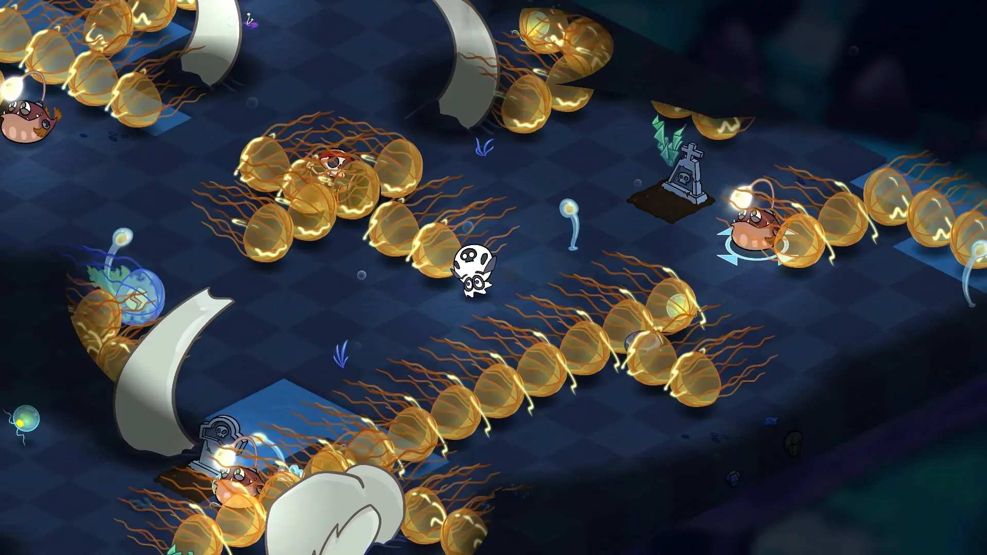 Operation Octo: Octopus scientist dodging bullets, deploying turrets in a dark ocean cave setting
