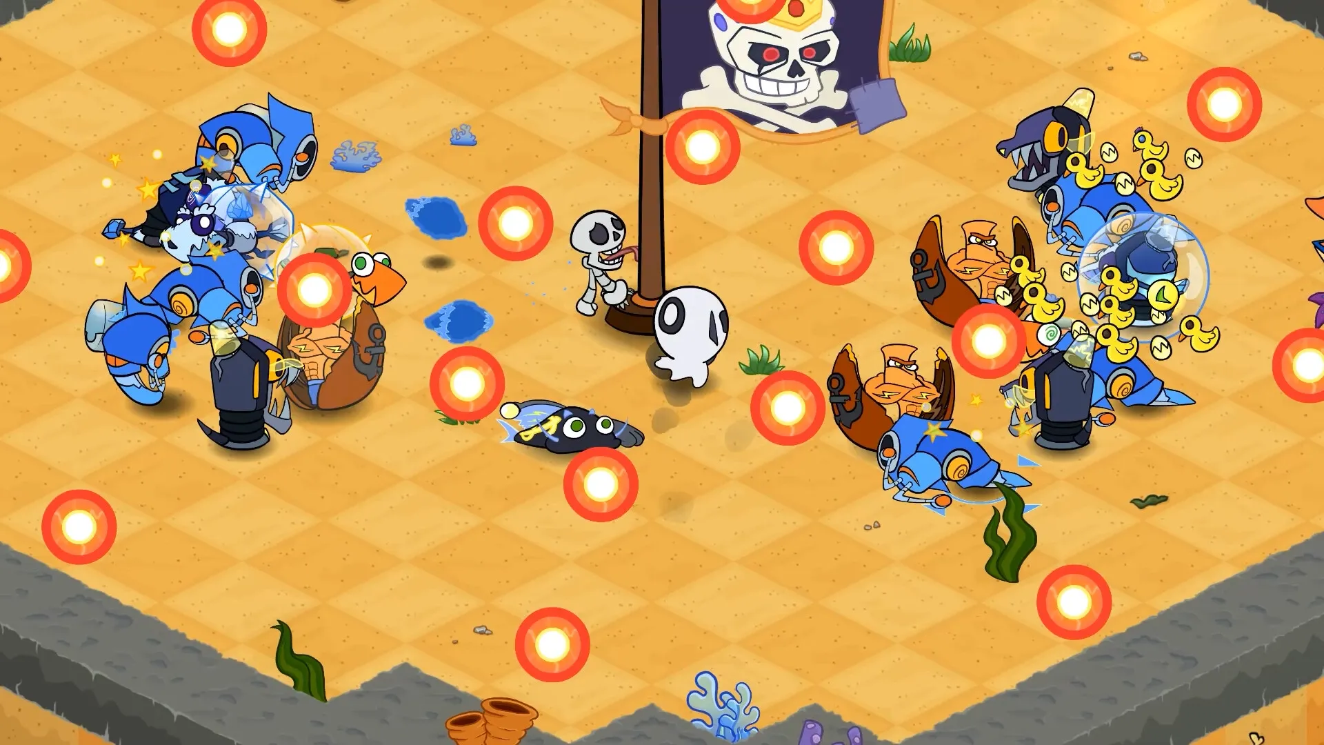 Operation Octo: Octopus scientist and sea life turrets battling skeletons on sandy ocean floor