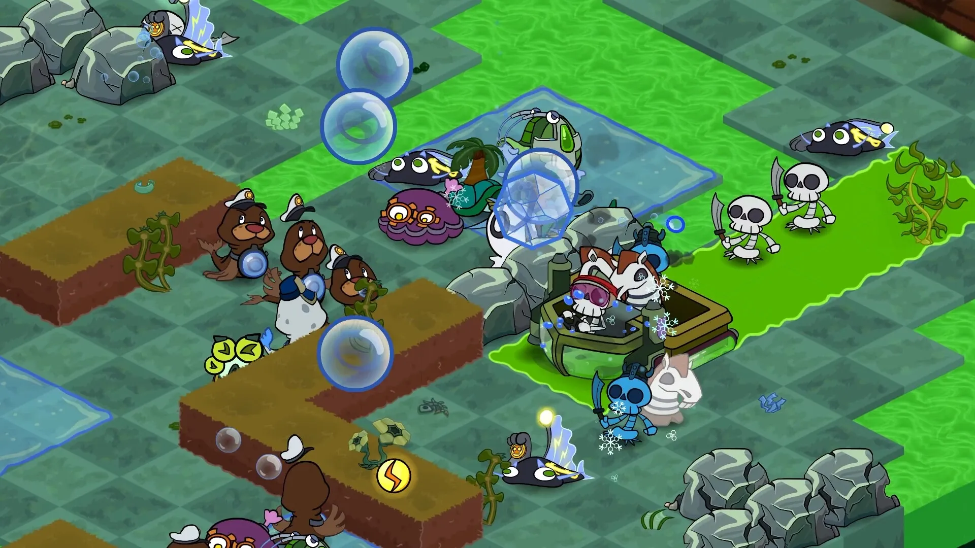 Operation Octo: Octopus scientist defends against skeletons with sea life turrets in aquatic grid layout