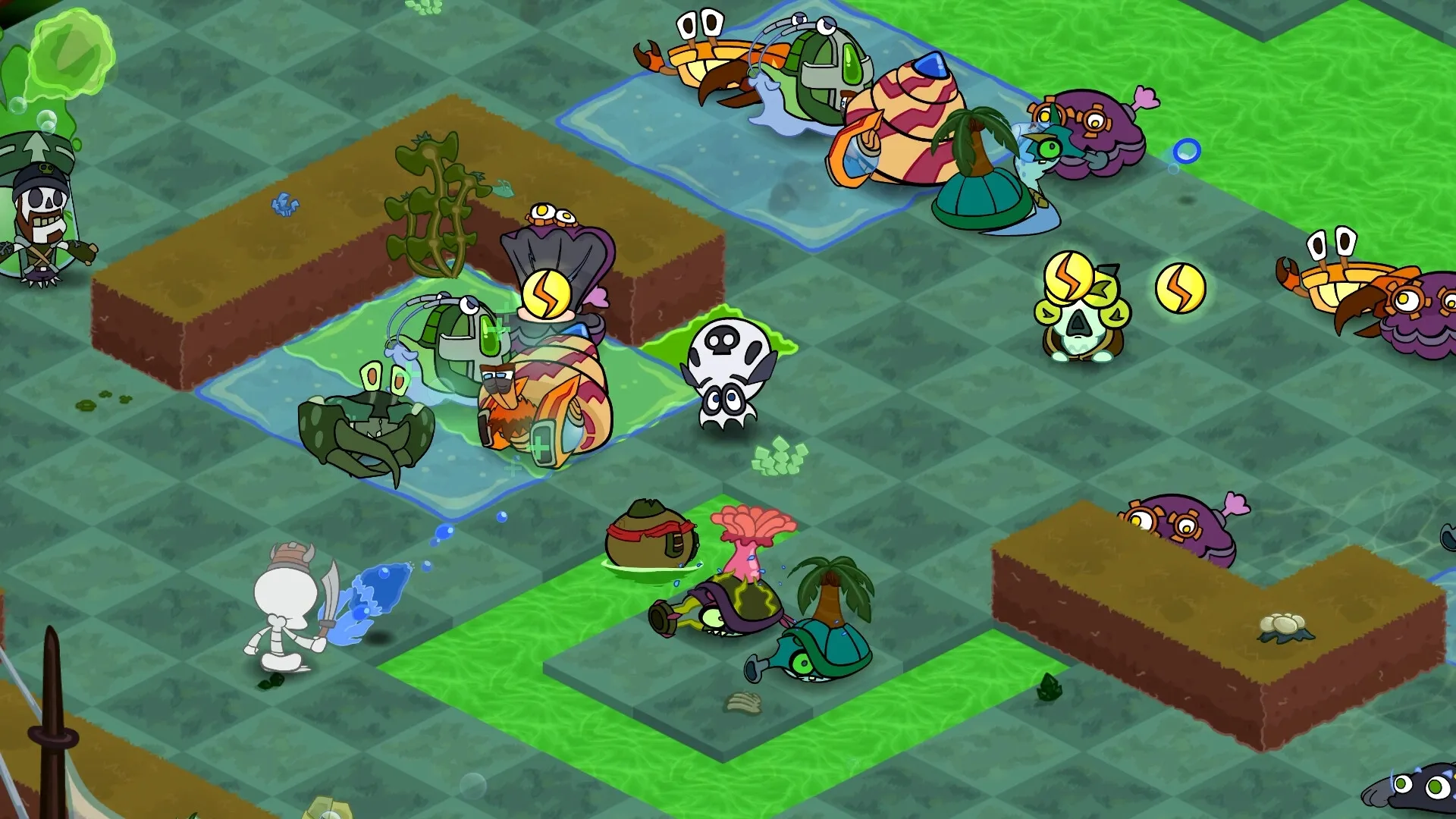 Operation Octo: Octopus scientist deploys turrets against skeleton enemies on aquatic grid-based map