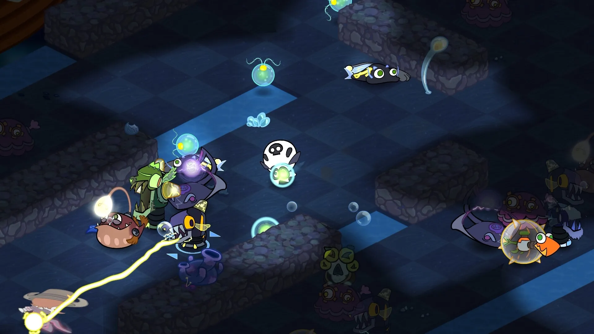 Operation Octo: Octopus scientist deploys turrets against sunken skeletons in dark underwater maze