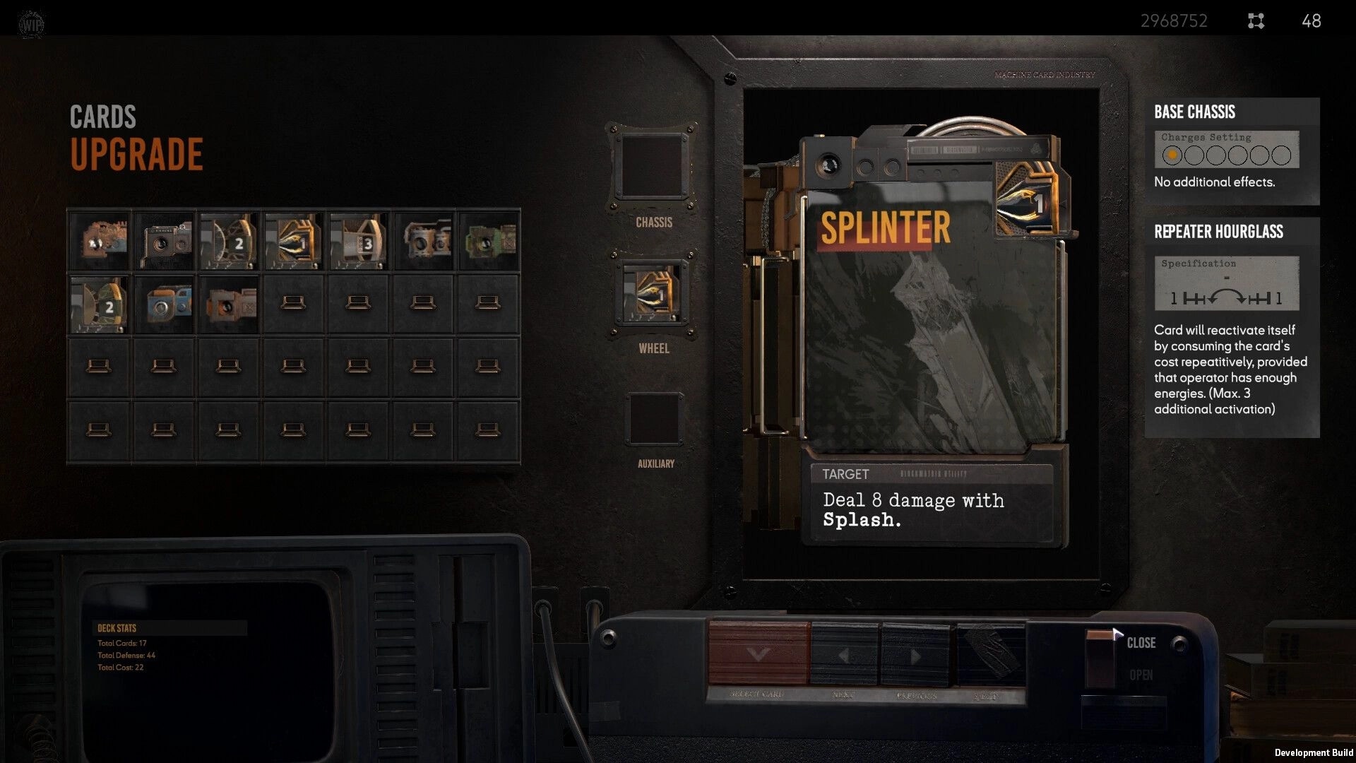 OPERATIVES: Card upgrade screen with Splinter machine card preview and chassis slots in workshop UI.
