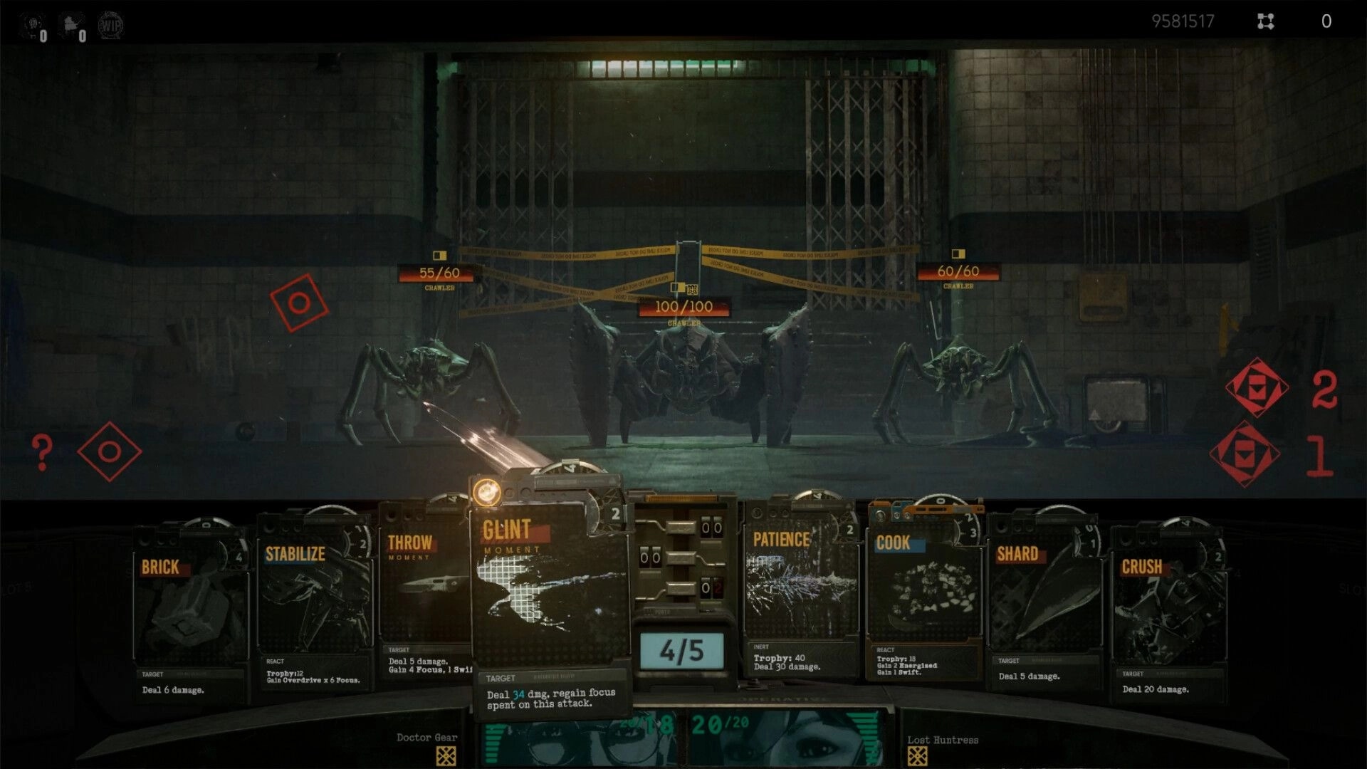OPERATIVES: Card combat UI targeting three crawler enemies in a grimy industrial corridor arena.