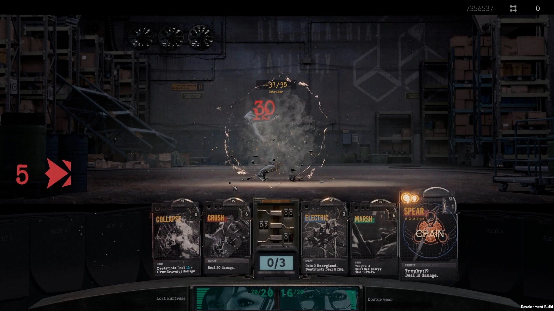 OPERATIVES: Card-based combat with damage numbers and machine cards lined up in a warehouse arena.