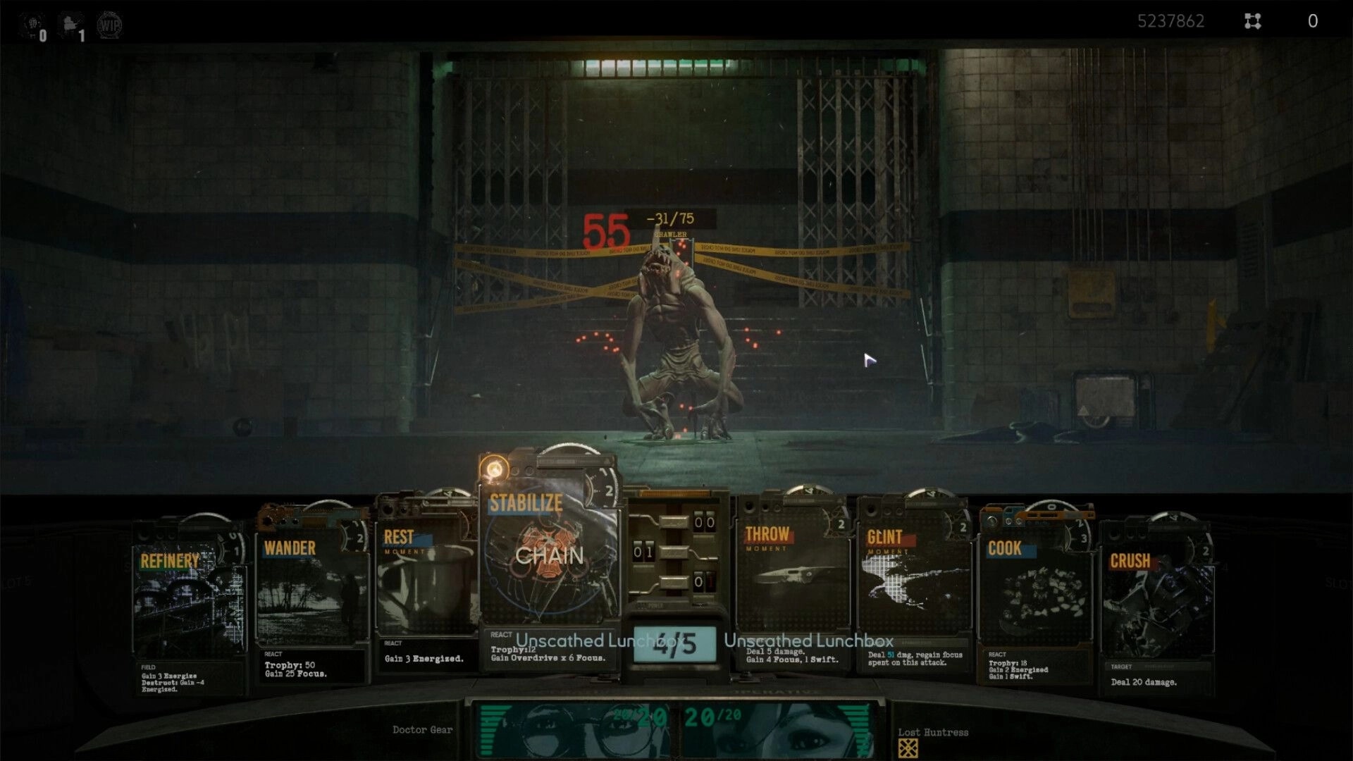 OPERATIVES: Card combat hand with Stabilize Chain and attacks vs monster in grim subway hall.