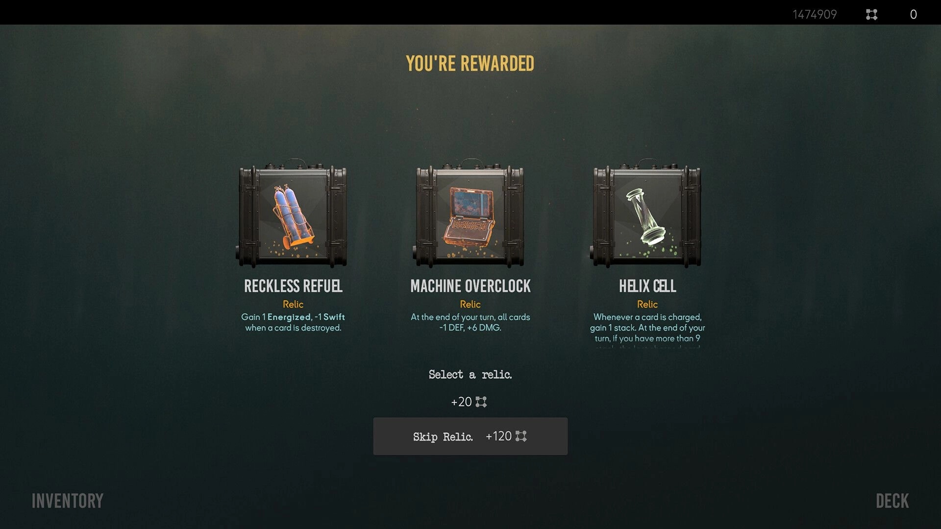 OPERATIVES: Reward screen selecting a relic with three options and Skip Relic button on dark UI.