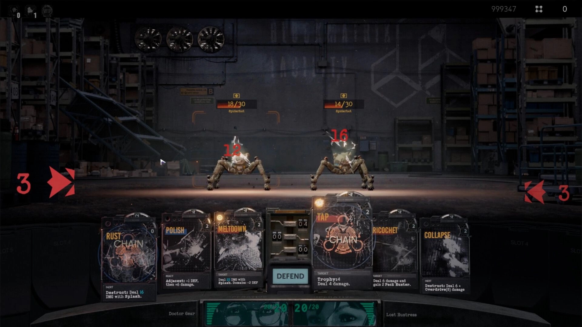 OPERATIVES: Card combat hits two spiderbots as damage numbers pop in a dim warehouse arena UI.