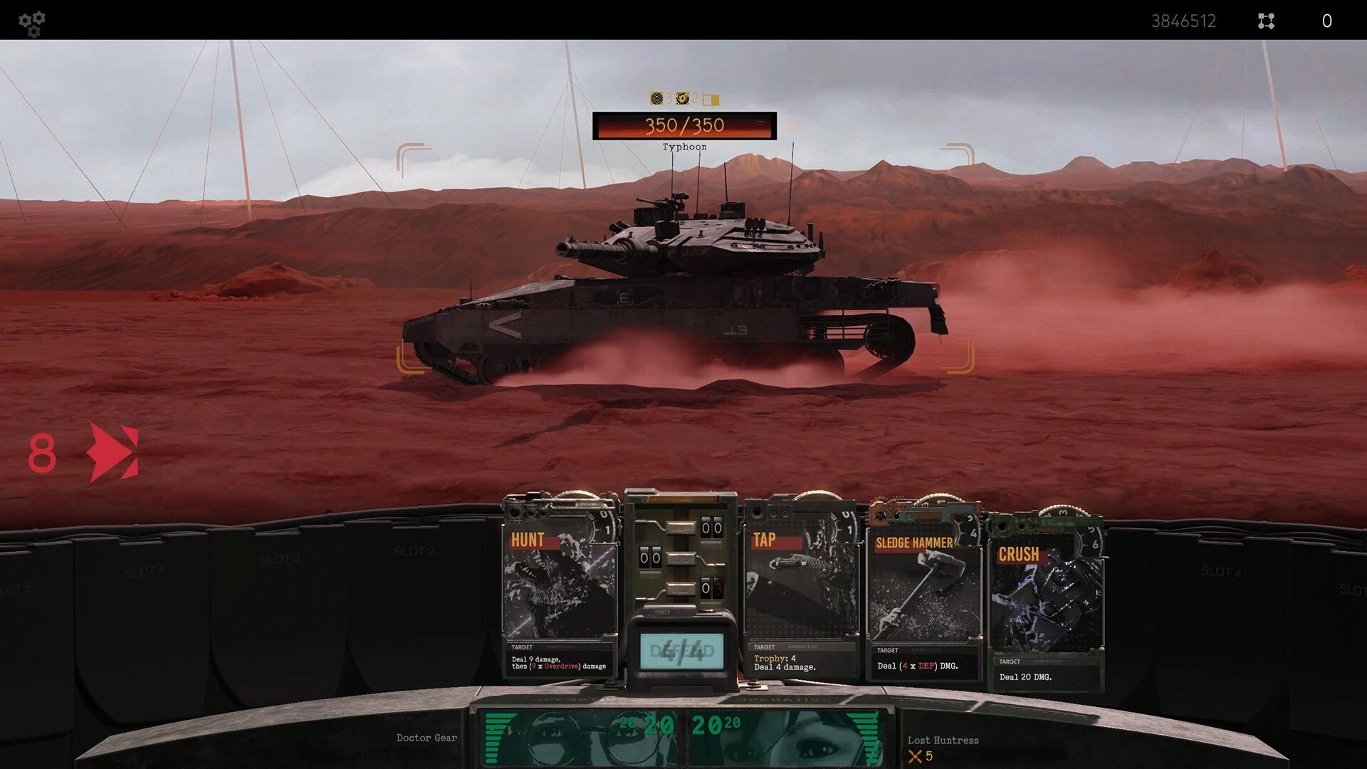 OPERATIVES: Card-based combat facing Typhoon tank enemy with action cards lined up on red desert field.