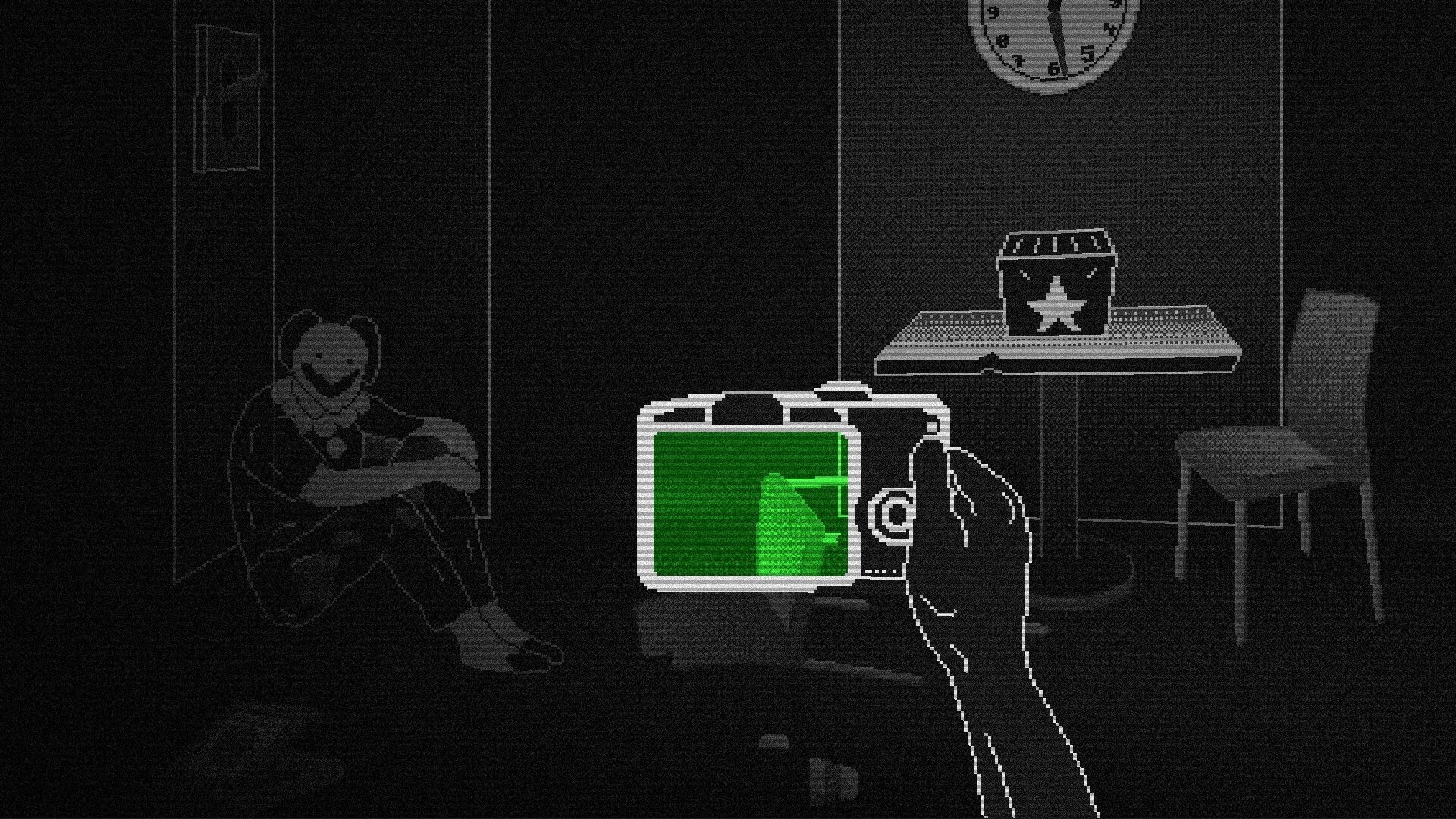 Operator Unknown: Viewing ghostly figure through camera in dimly lit room with clock and table nearby.