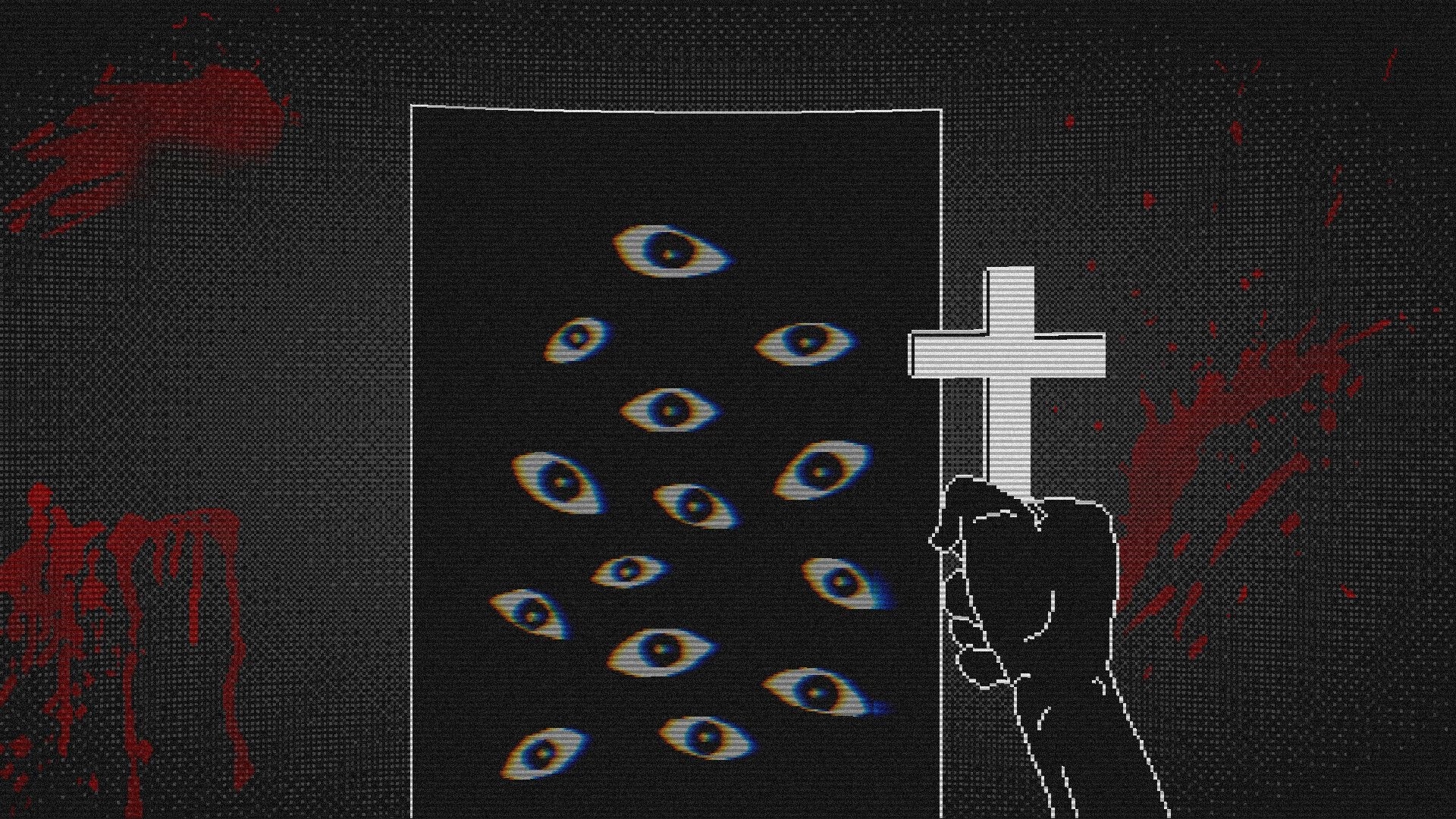 Operator Unknown: Hand holding cross facing wall covered in watching eyes with blood splatters surrounding