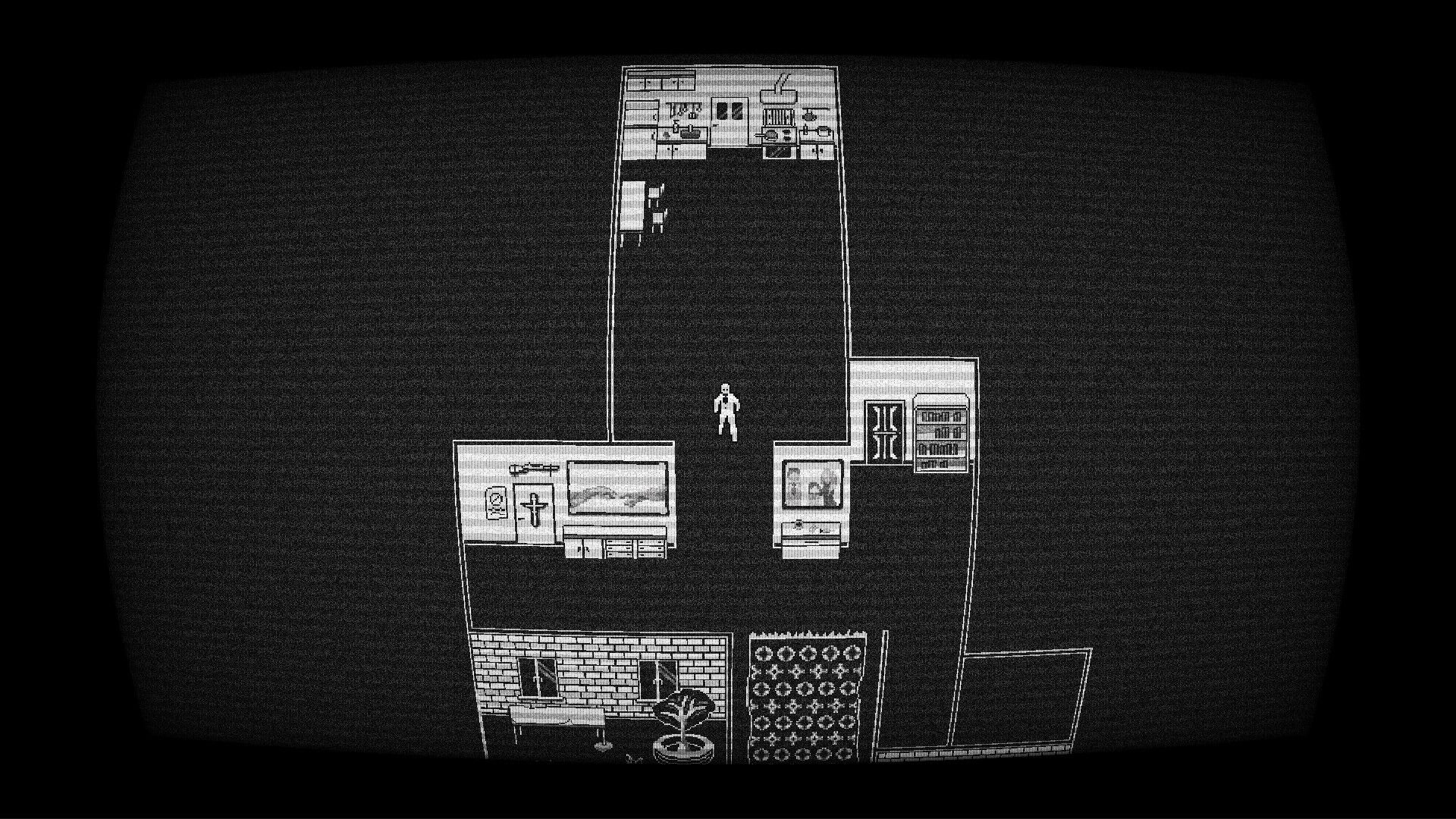 Operator Unknown: Player explores dimly lit room with kitchen, bookshelves, and mysterious objects