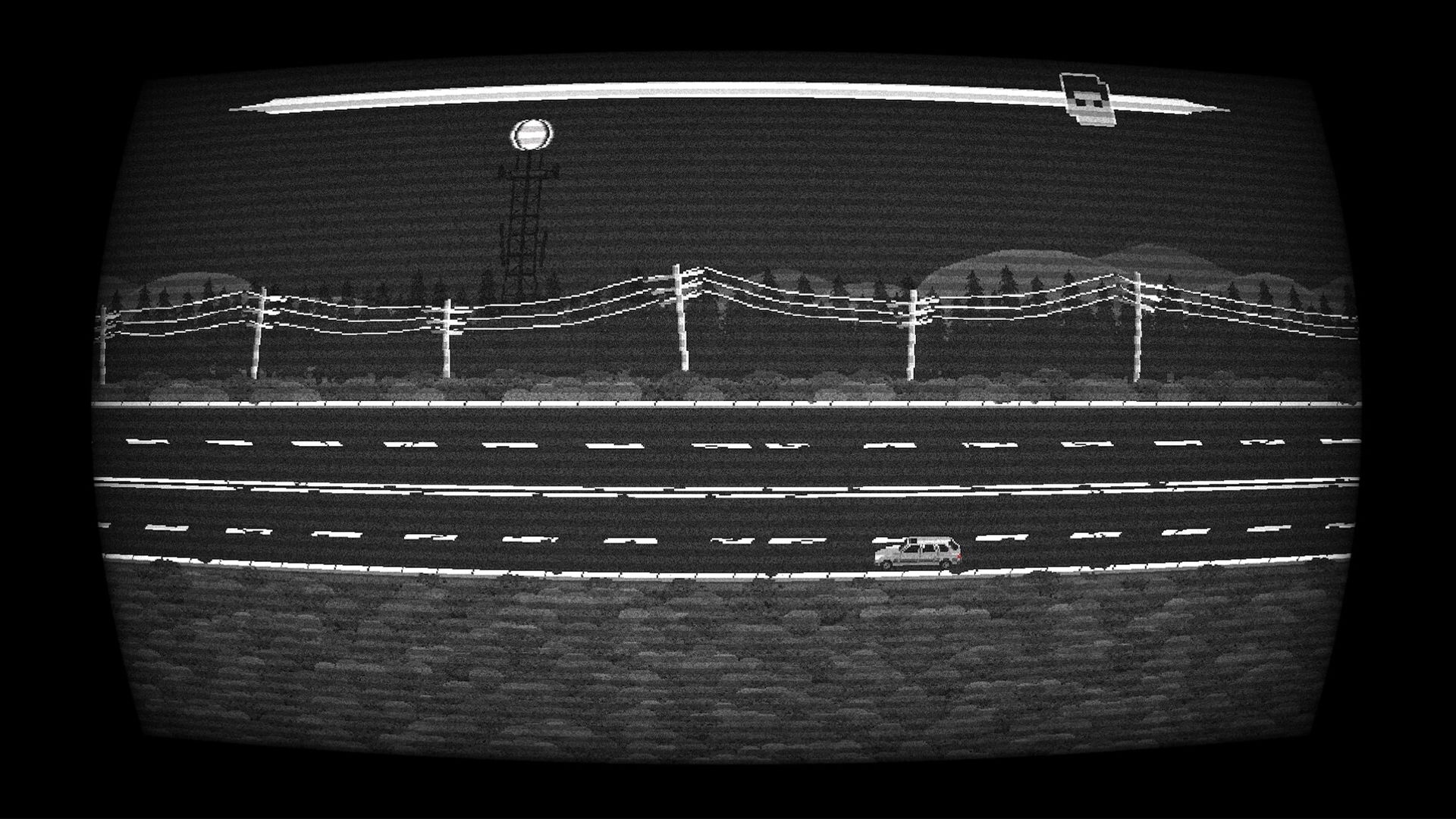 Operator Unknown: Van driving on dark highway with power lines and distant hills under night sky