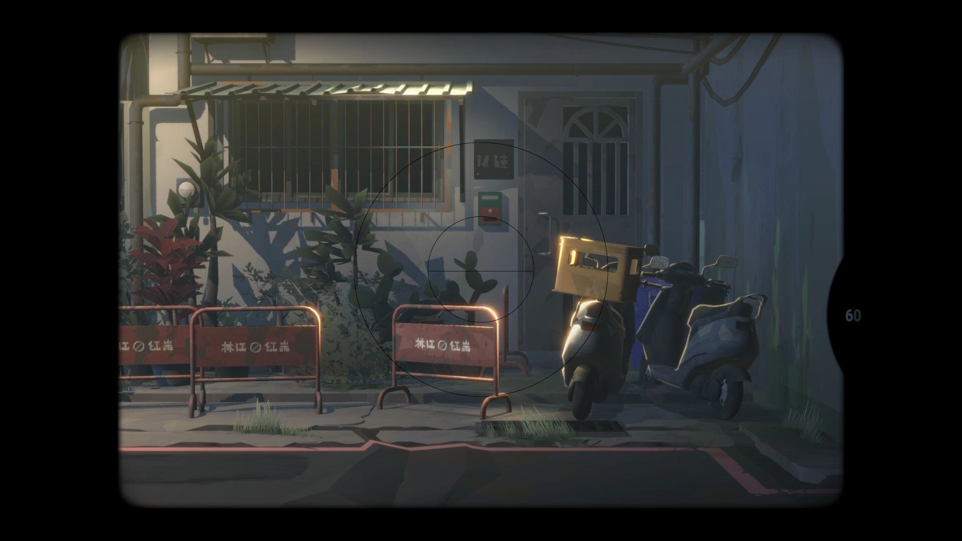 OPUS: Camera view of a quiet street with scooters and plants outside a building in the Dusklands.