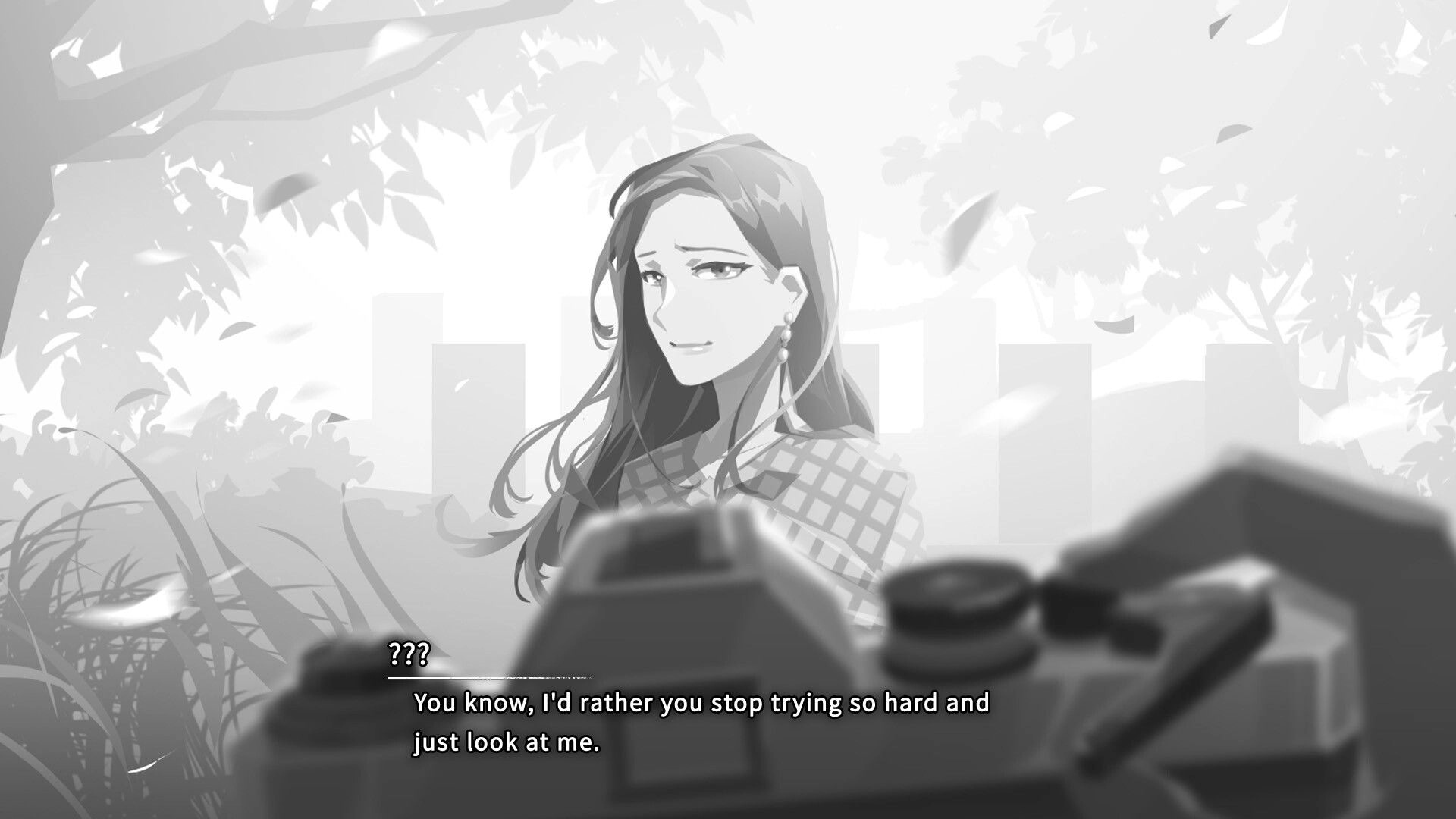 OPUS: A girl smiles softly while text dialogue reads, “You know, I'd rather you stop trying so hard.”