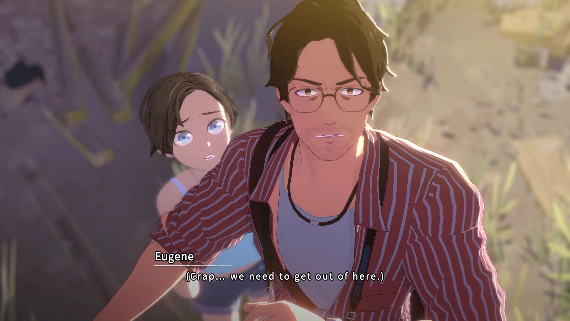 OPUS: Eugene and a girl look worried in a sunlit field, dialogue shows urgency to leave the area.