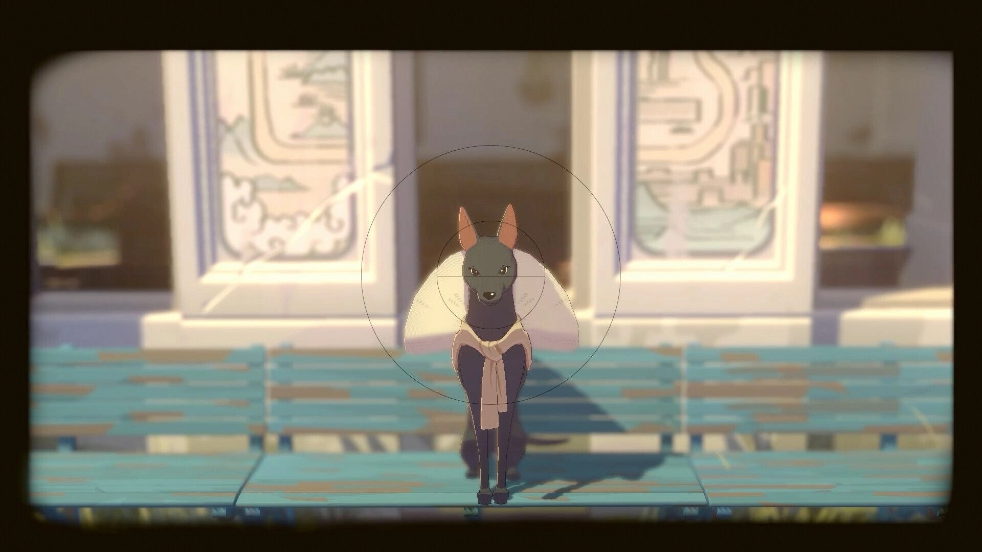 OPUS: Camera view of a mystical dog wearing a cloak standing on a wooden bench in front of a mural.