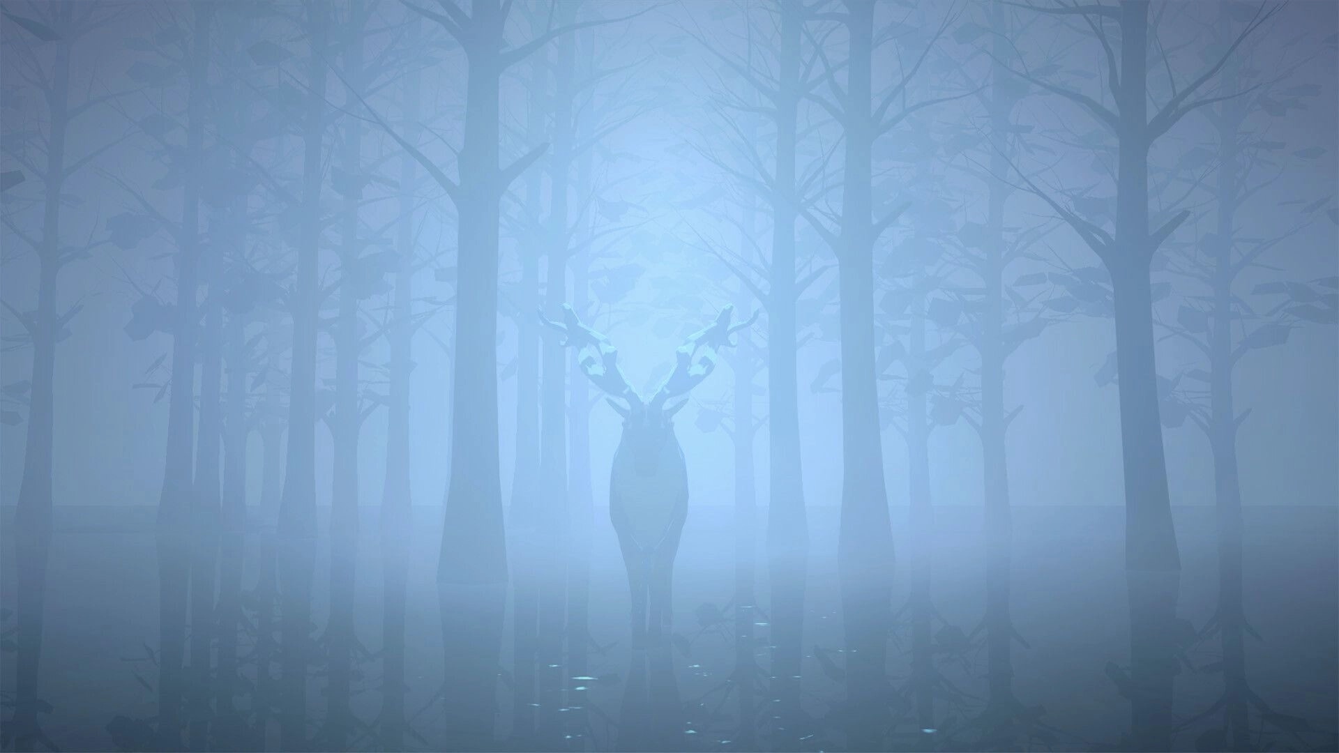 OPUS: Ethereal deer stands in misty forest, surrounded by tall, shadowy trees in the Dusklands.