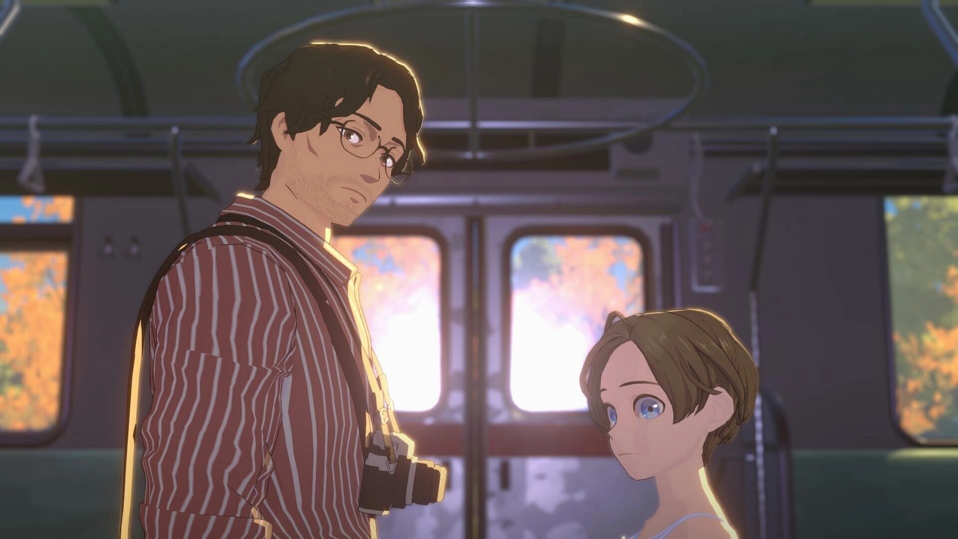 OPUS: Photographer and girl standing in a bus interior with sunlight streaming through windows.