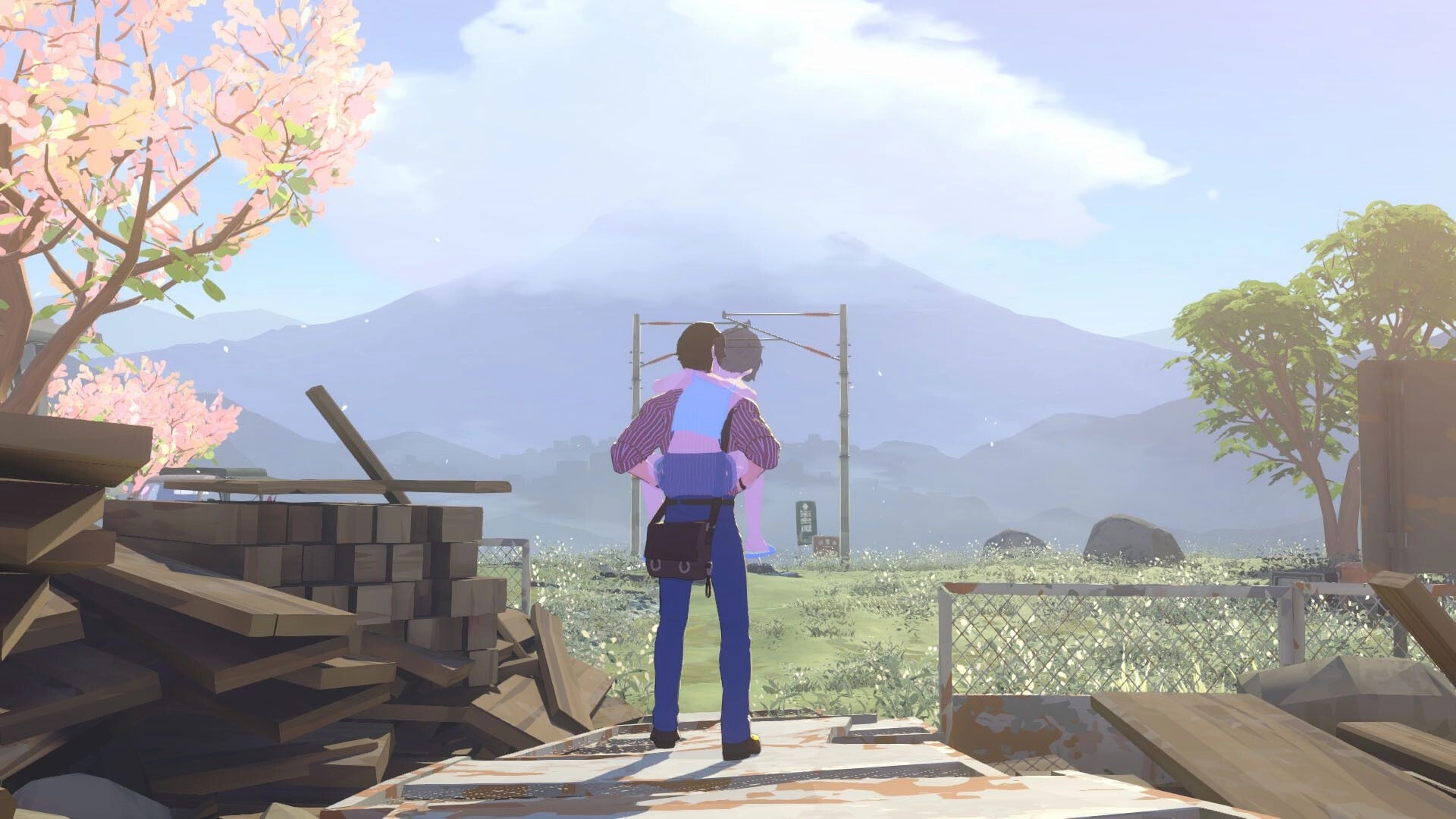 OPUS: Photographer carrying girl on back in serene landscape with cherry blossoms and distant mountains.