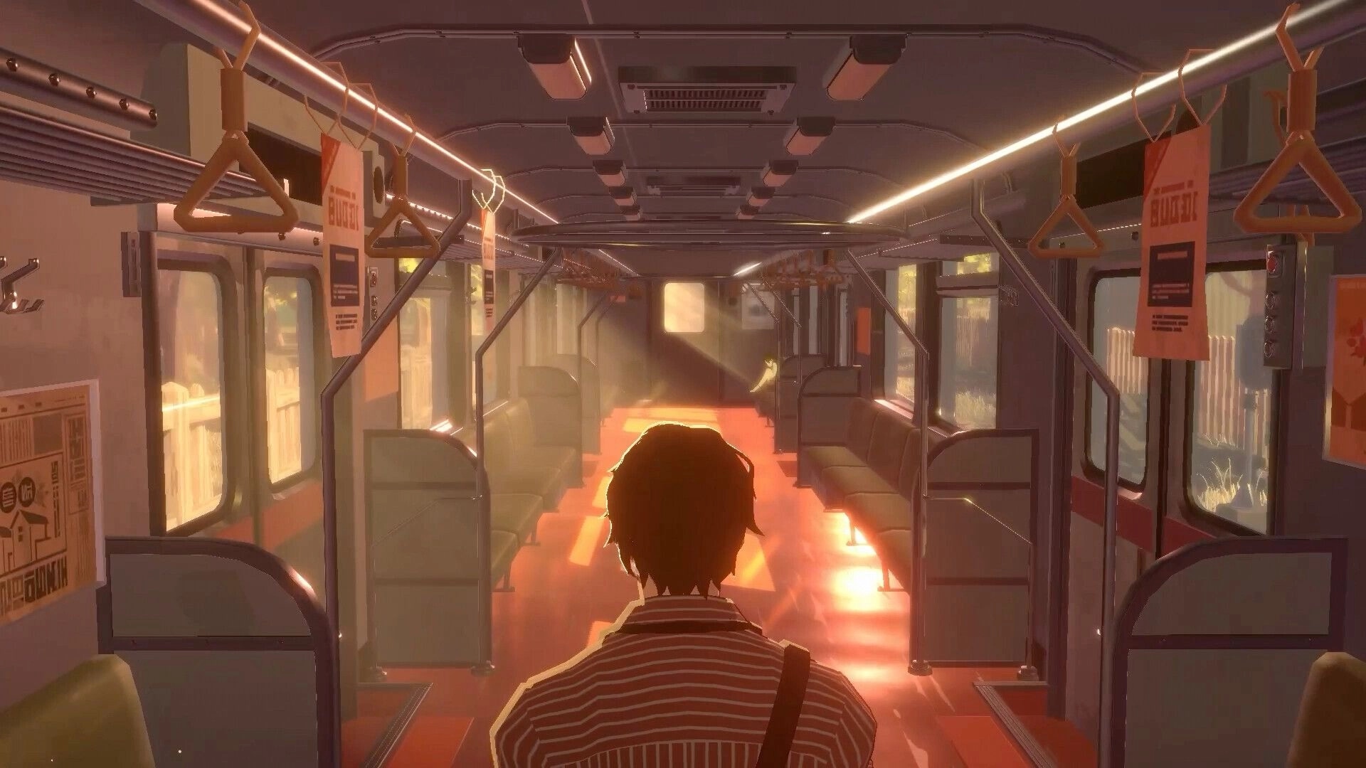 OPUS: Photographer stands inside empty sunlit train car with posters hanging, reflecting a warm glow.