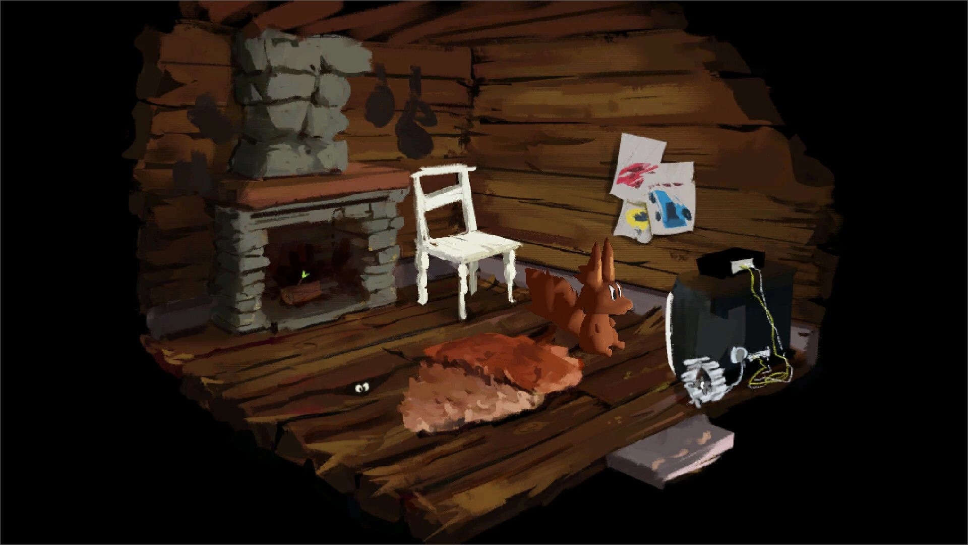 Orava: Squirrel observes fireplace and chair in a cozy wooden cabin with drawings on the wall.