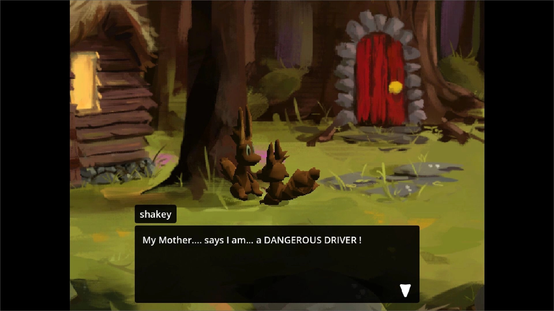 Orava: Shakey the squirrel talks by a cabin and red door in a forest clearing