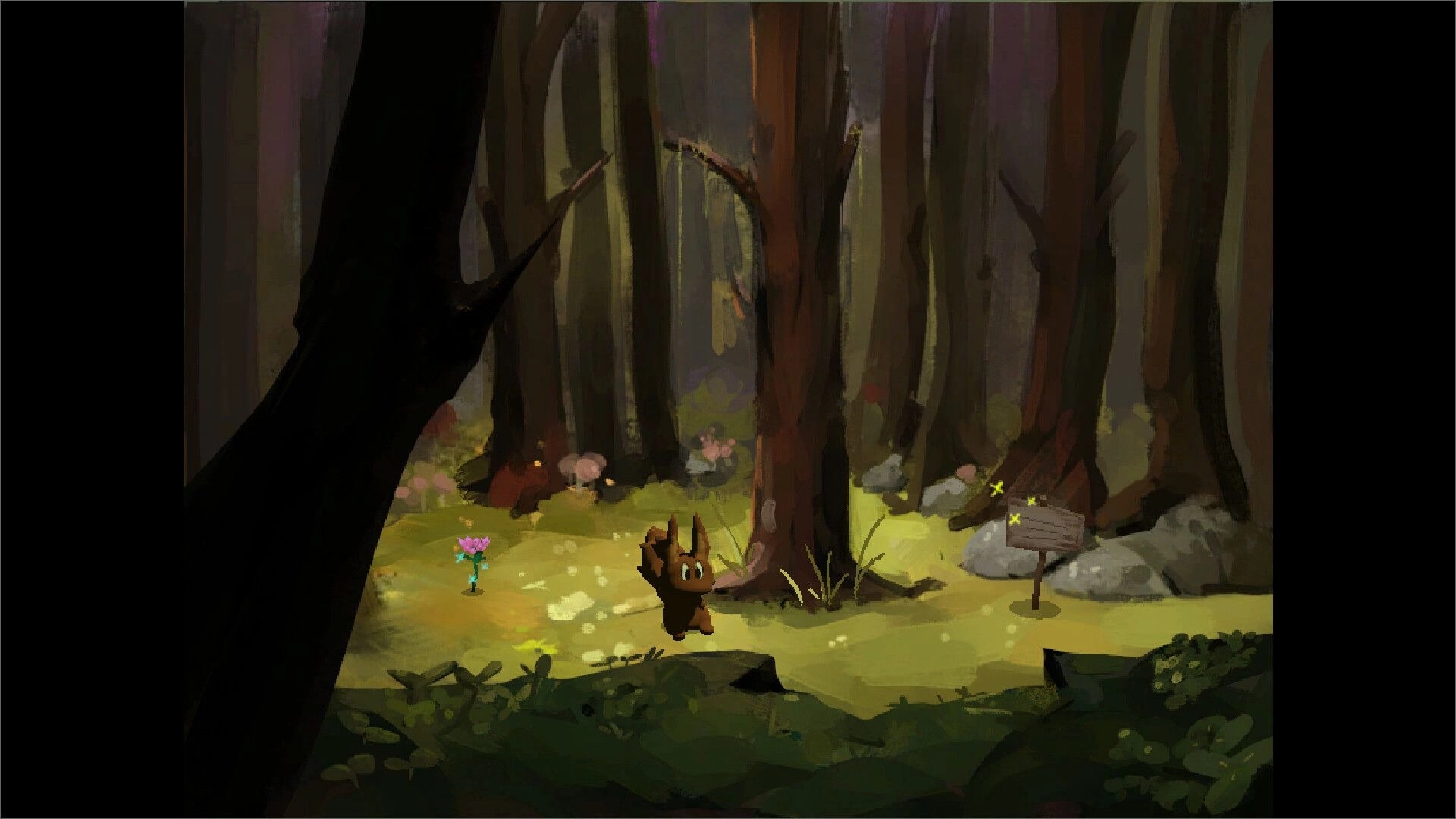 Orava: Squirrel exploring sunlit forest clearing with sign and mushrooms