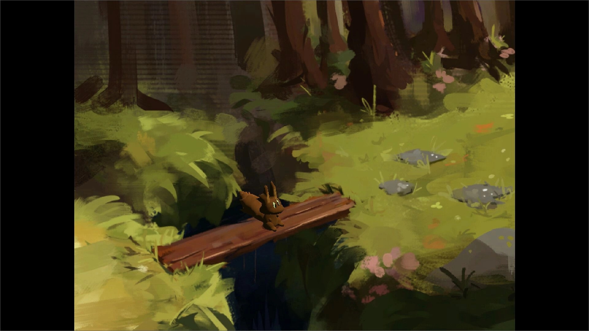 Orava: Squirrel crossing a log bridge in a lush, hand-painted forest environment