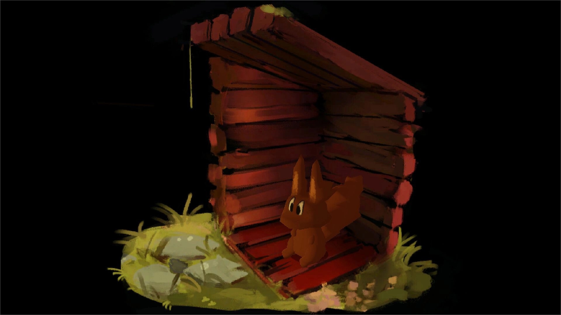 Orava: Squirrel character sits inside a small wooden shelter on a grassy patch in the dark forest environment.