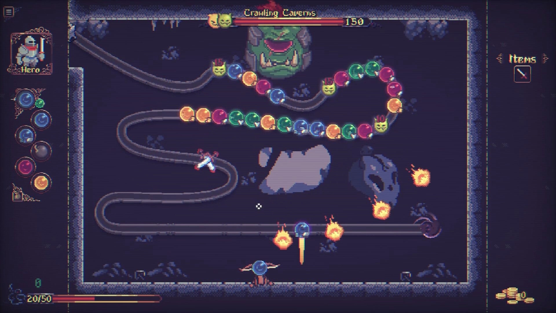 Orblins: Marble shooter battle on Crawling Caverns track with colored chain, items panel, HP bar.