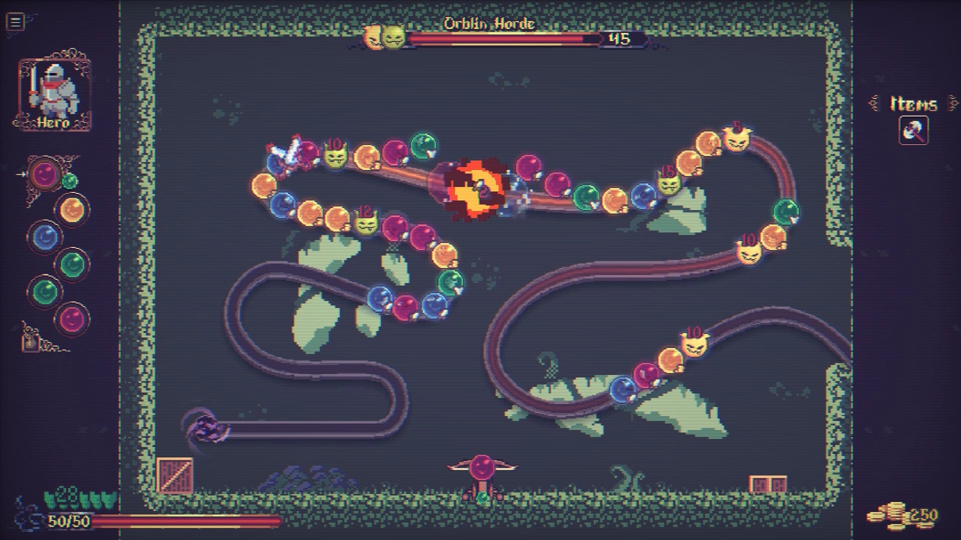 Orblins: Orb shooter aims at winding marble chains during Orblin Horde fight in dark cavern arena.
