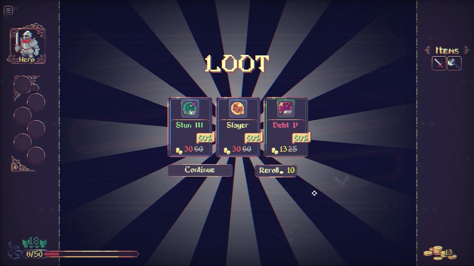 Orblins: Loot reward screen with three upgrade cards and Continue/Reroll buttons on dark backdrop.